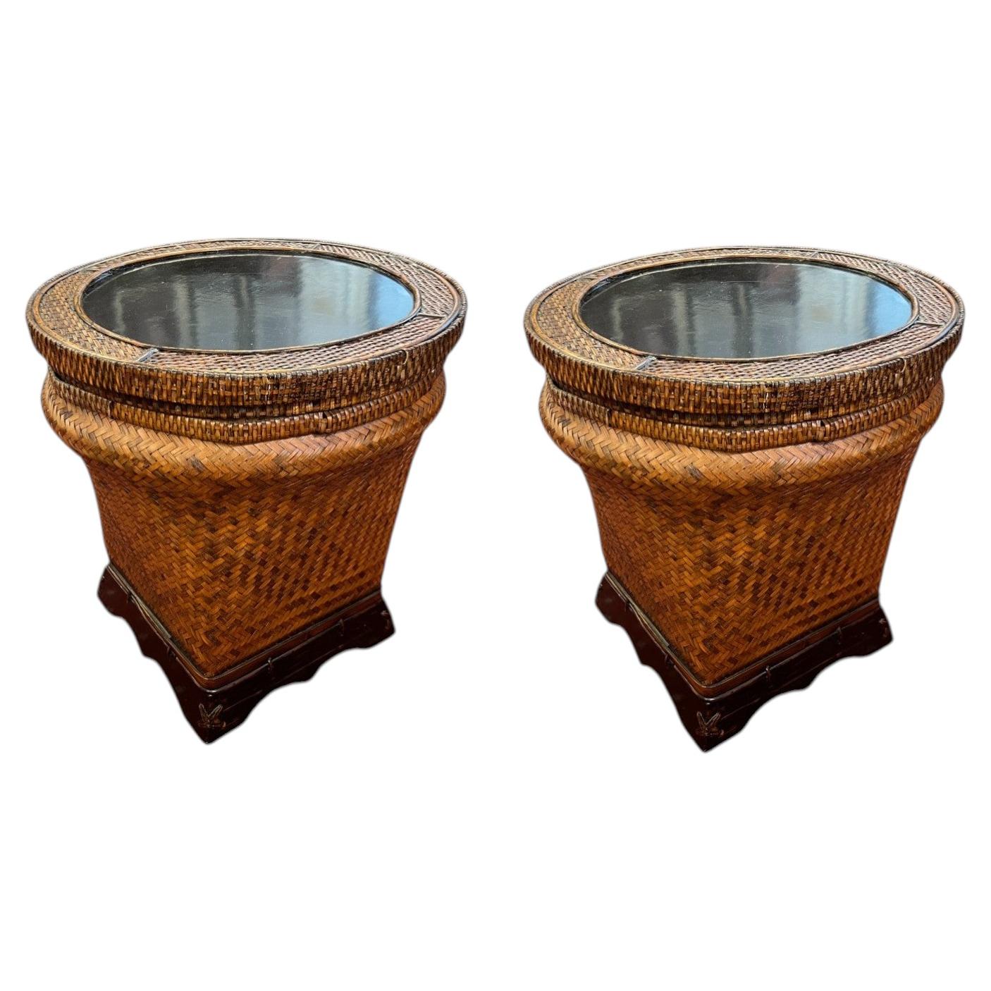 Mid-Century Boho Coastal Rattan Storage Side Tables - A Pair