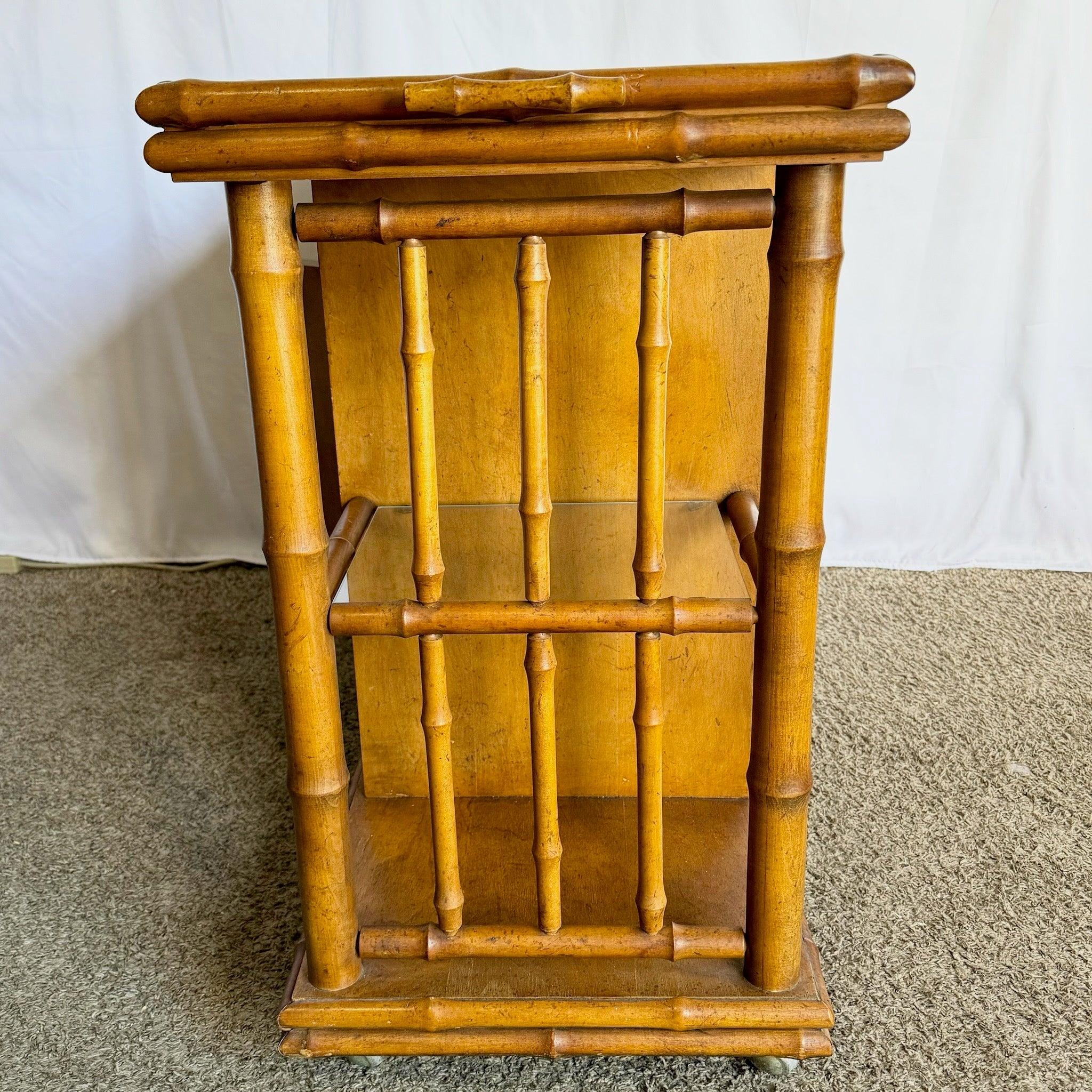 Mid-Century Boho faux bamboo wicker buffet/bar cart by American of Martinsville, featuring faux bamboo detailing and woven wicker accents.
 
 Some wear to the wicker and edges as shown in the photos.
