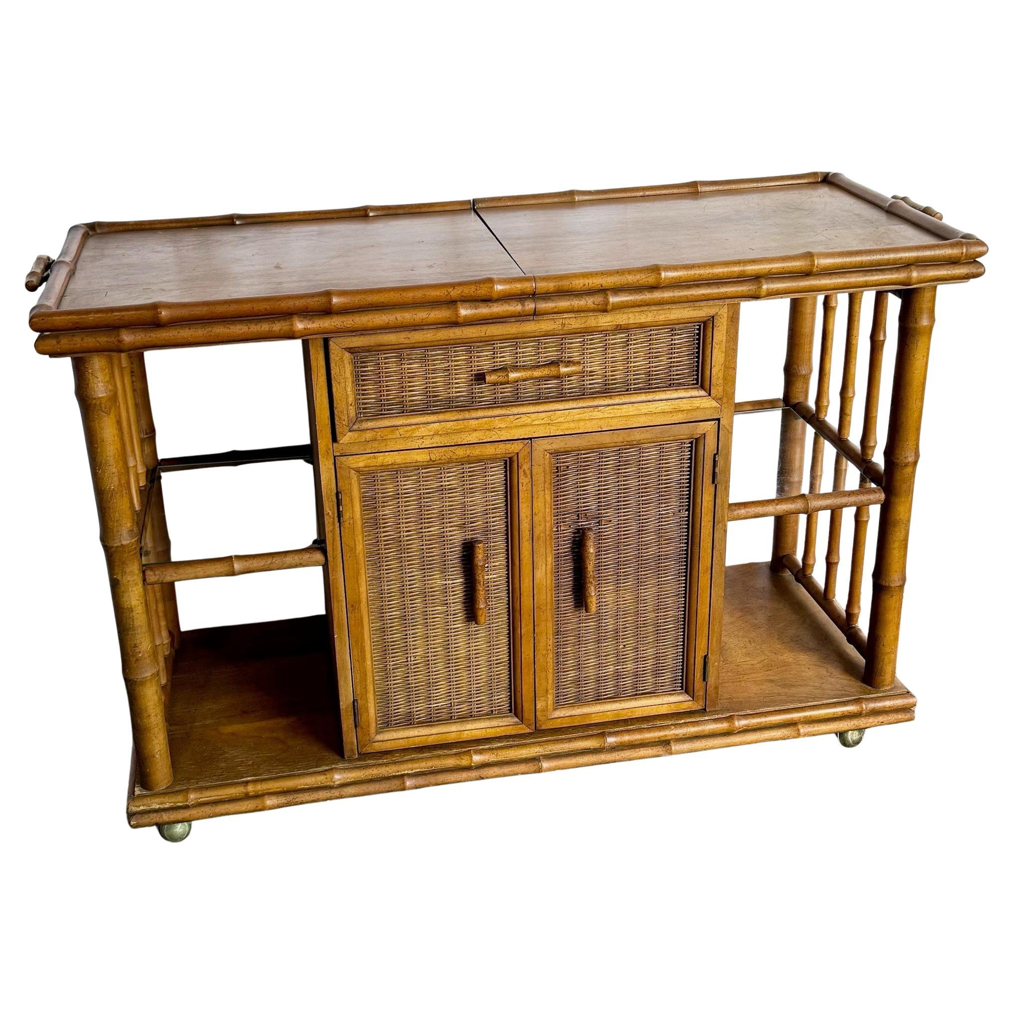 Mid Century Boho Faux Bamboo Wicker Buffet/Bar Cart by American of Martinsville in vendita