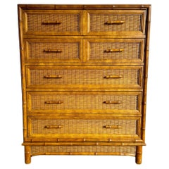 Mid Century Boho Faux Bamboo Wicker Highboy Dresser by American of Martinsville