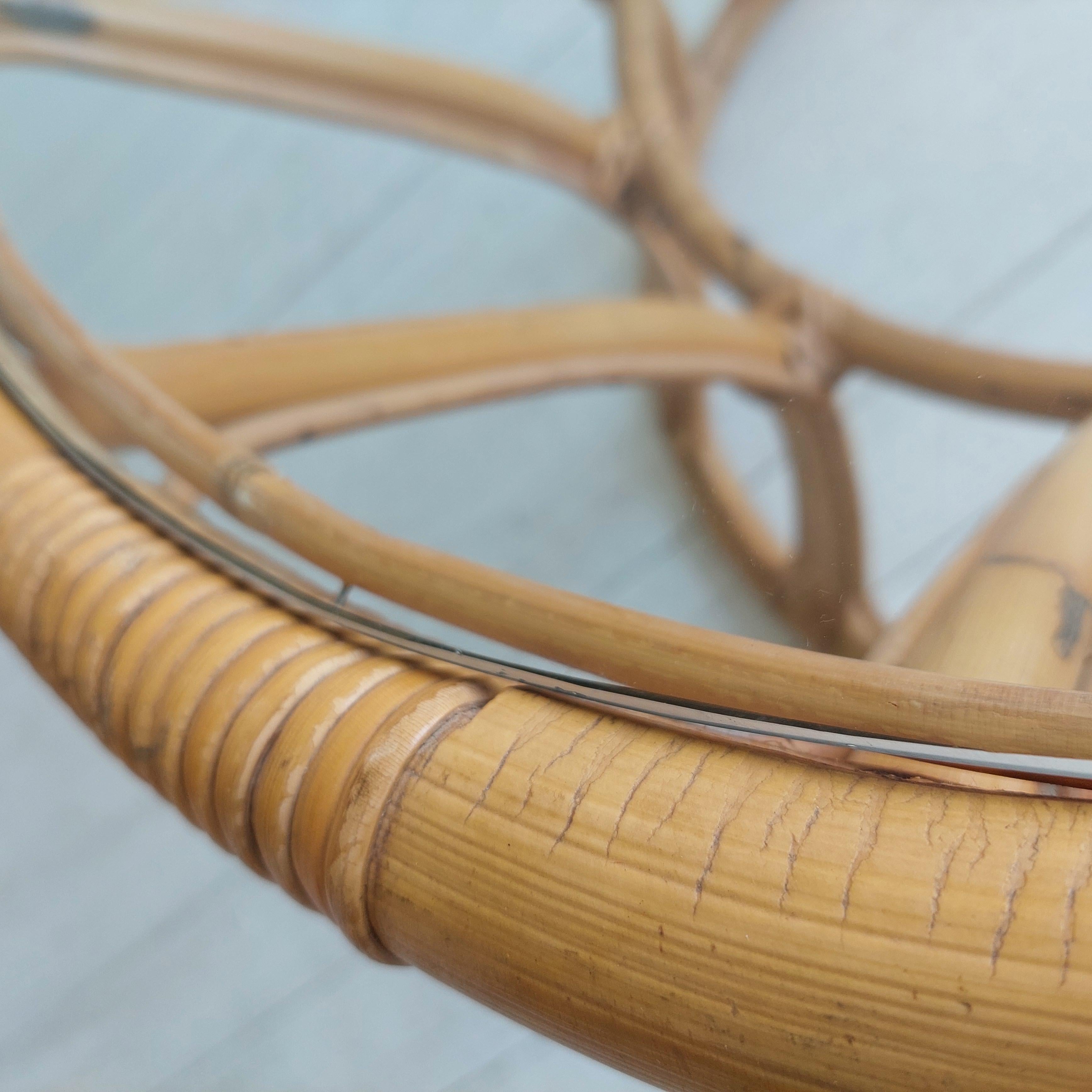 Mid Century Boho Round Bamboo Coffee Table With Glass Top  60s 70s For Sale 4