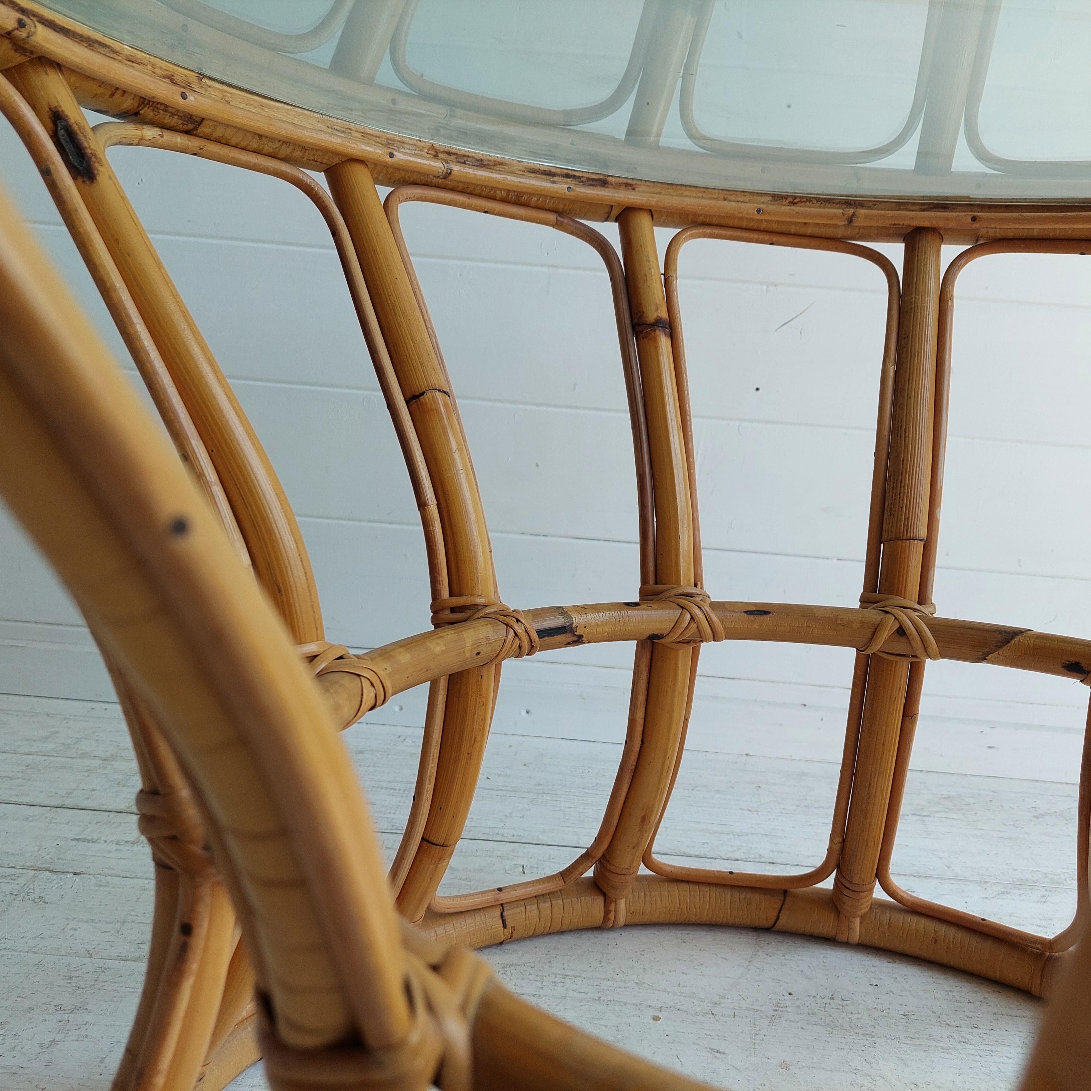 Mid Century Boho Round Bamboo Coffee Table With Glass Top  60s 70s For Sale 7