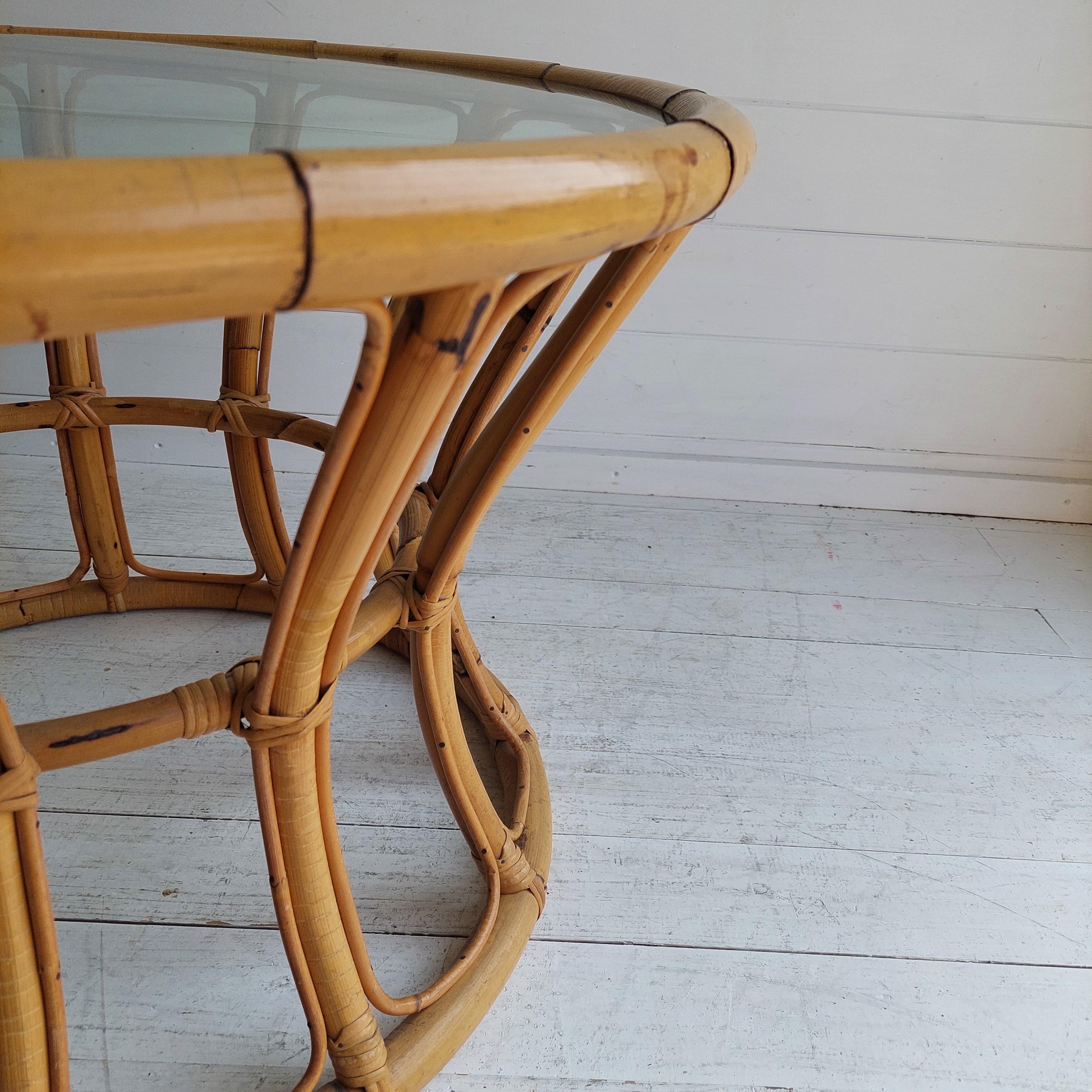 Mid Century Boho Round Bamboo Coffee Table With Glass Top  60s 70s For Sale 8