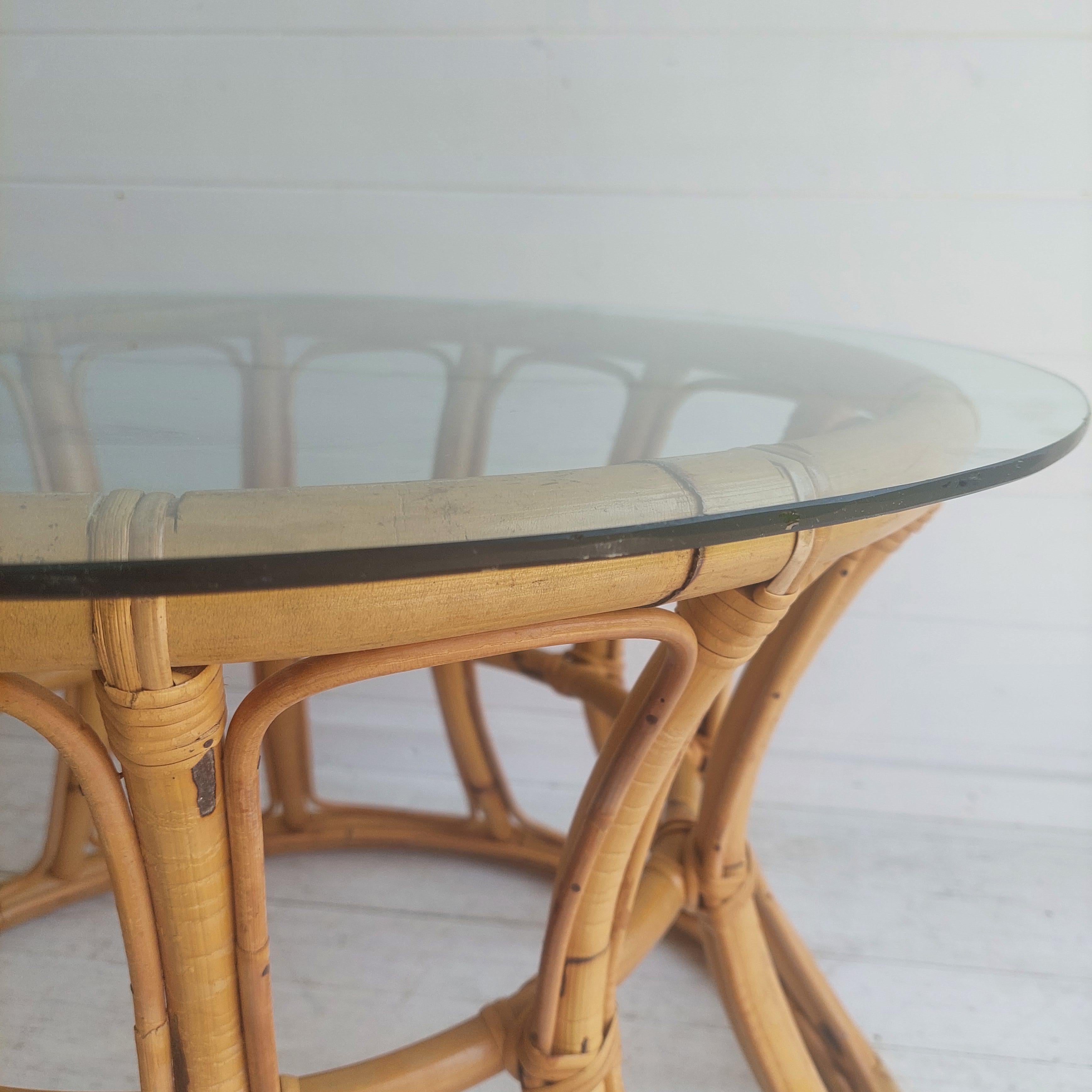 Mid Century Boho Round Bamboo Coffee Table With Glass Top  60s 70s For Sale 9