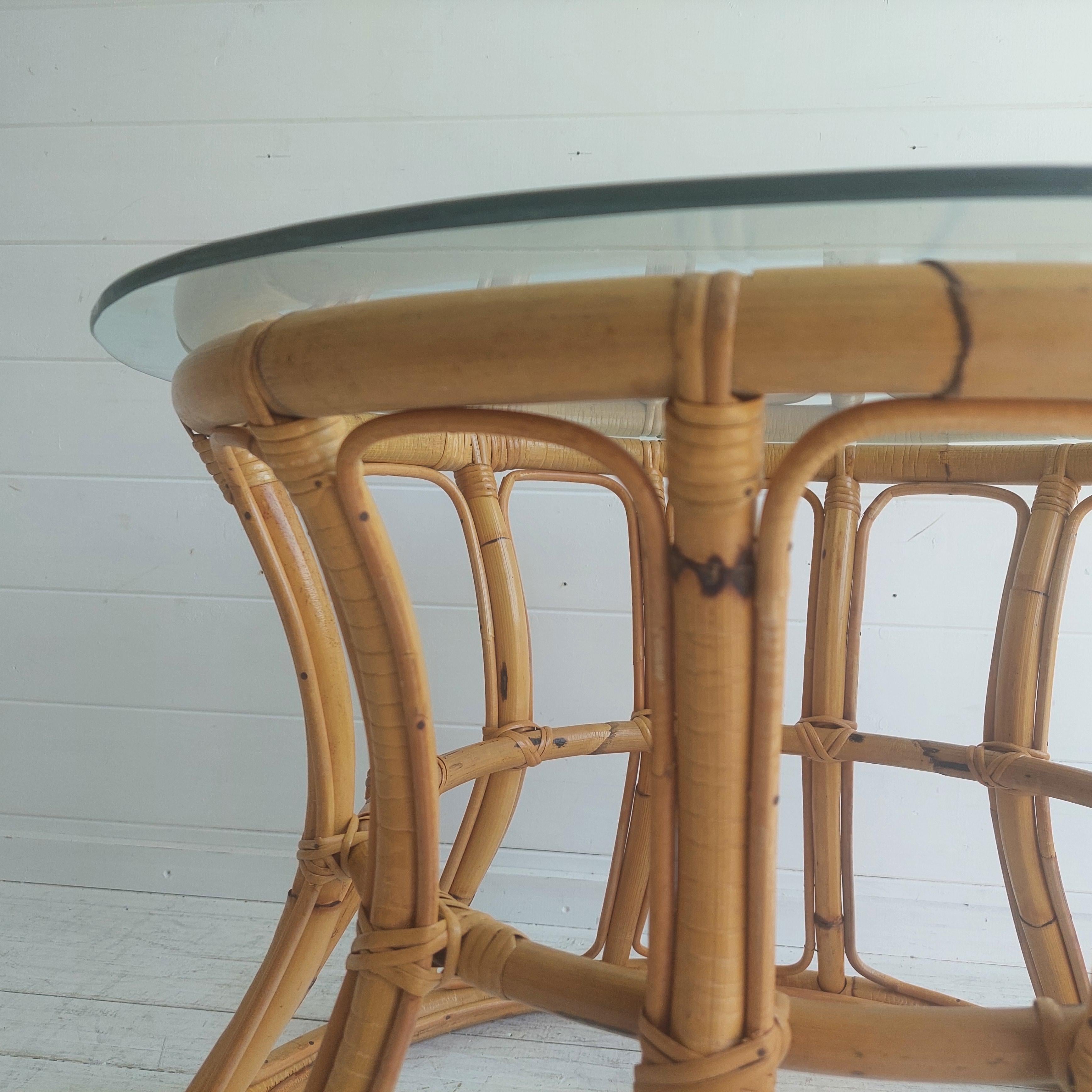Mid Century Boho Round Bamboo Coffee Table With Glass Top  60s 70s For Sale 10