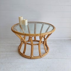 Mid Century Boho Round Bamboo Coffee Table With Glass Top  60s 70s