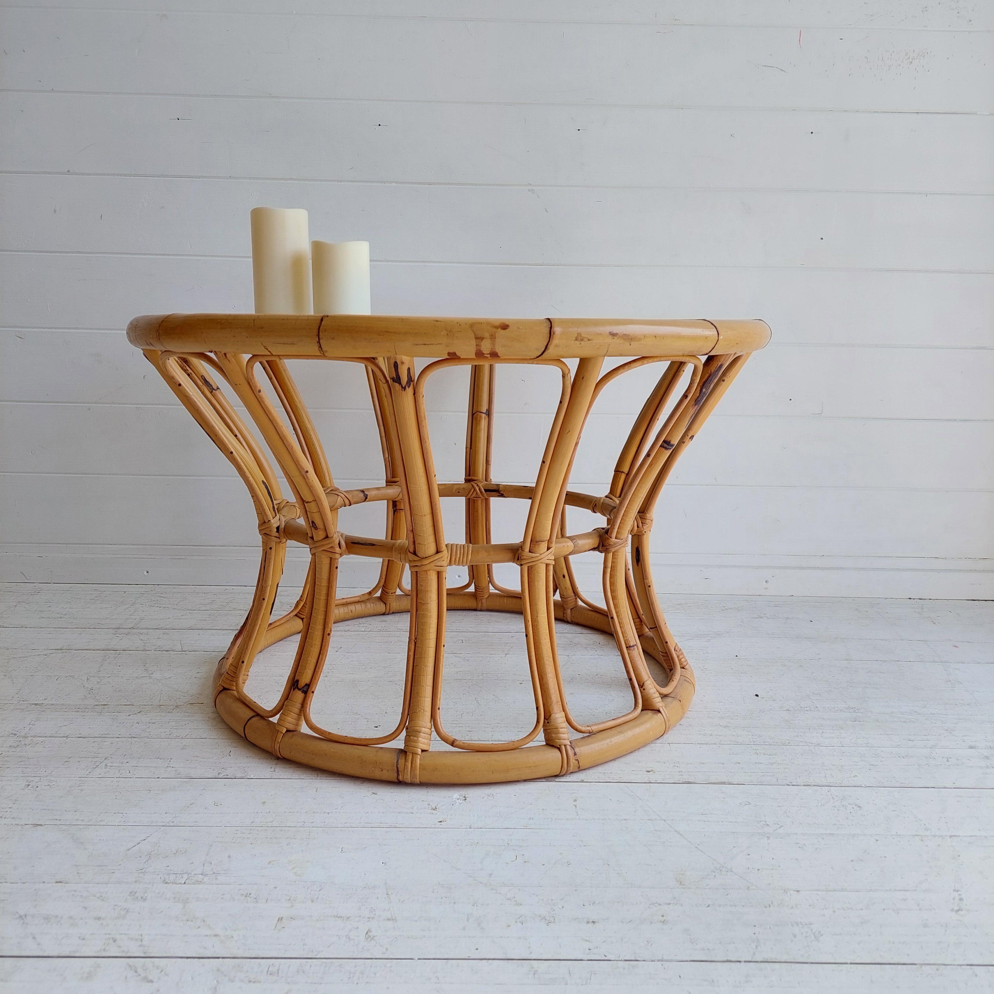 Bohemian Mid Century Boho Round Bamboo Coffee Table With Glass Top  60s 70s For Sale