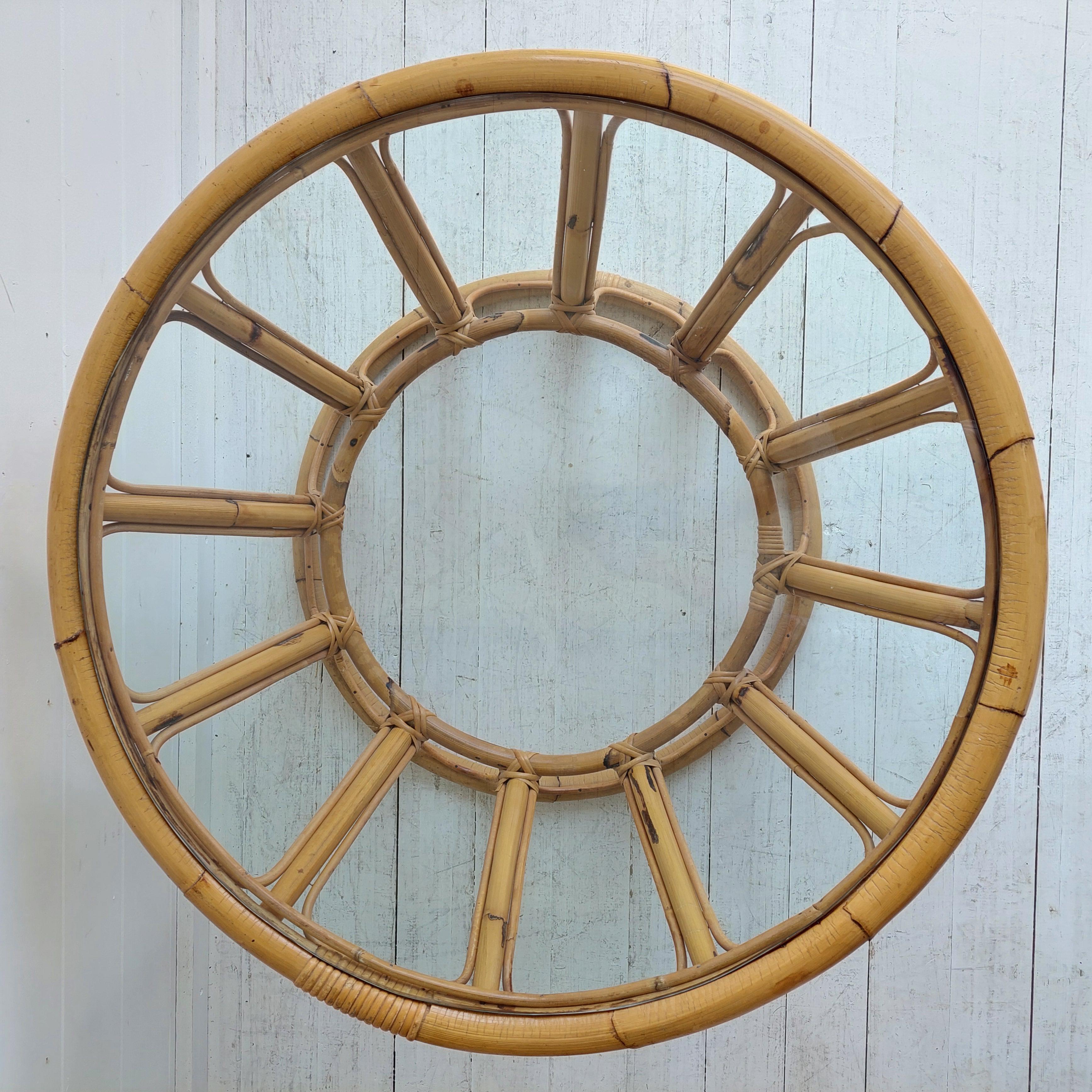European Mid Century Boho Round Bamboo Coffee Table With Glass Top  60s 70s For Sale