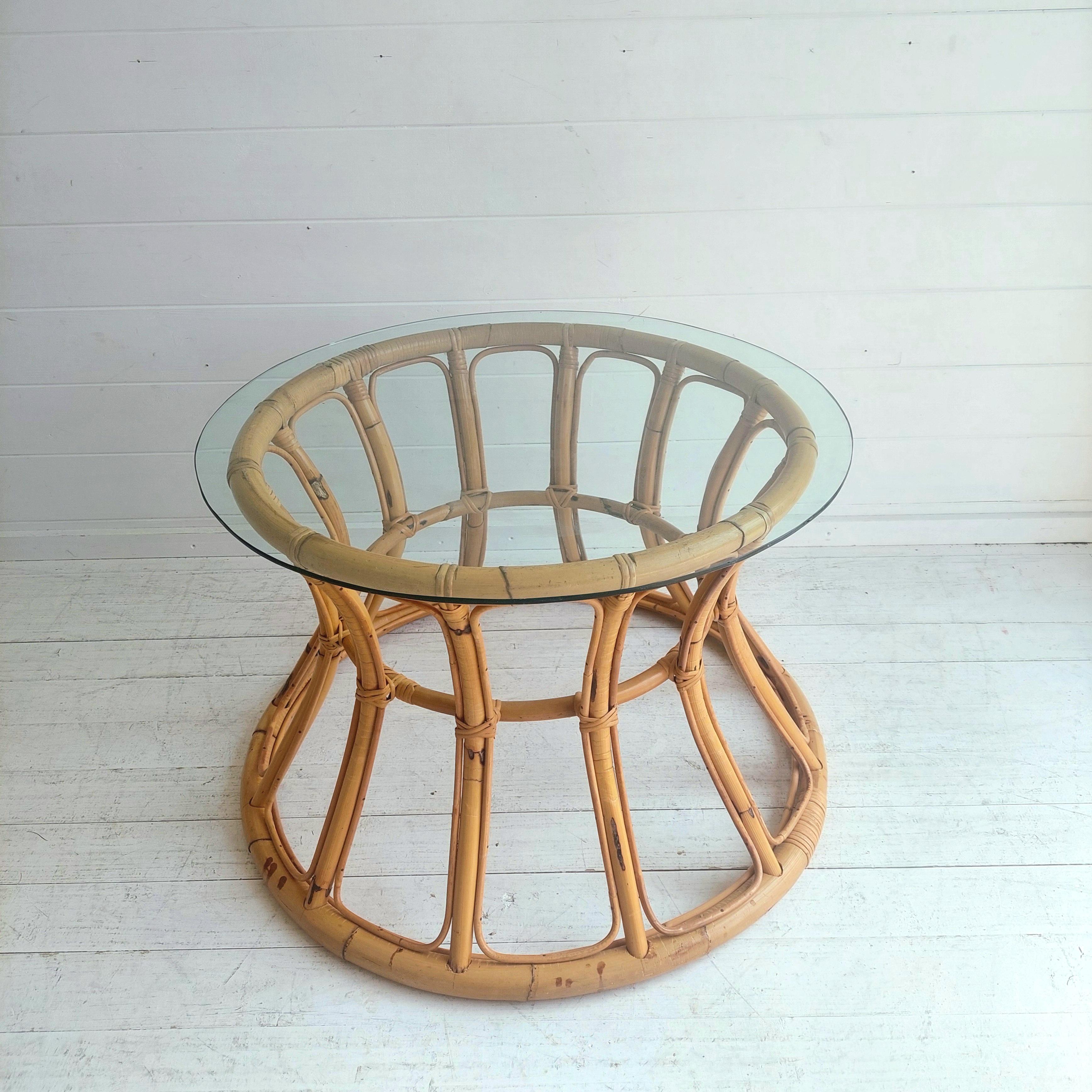 20th Century Mid Century Boho Round Bamboo Coffee Table With Glass Top  60s 70s For Sale