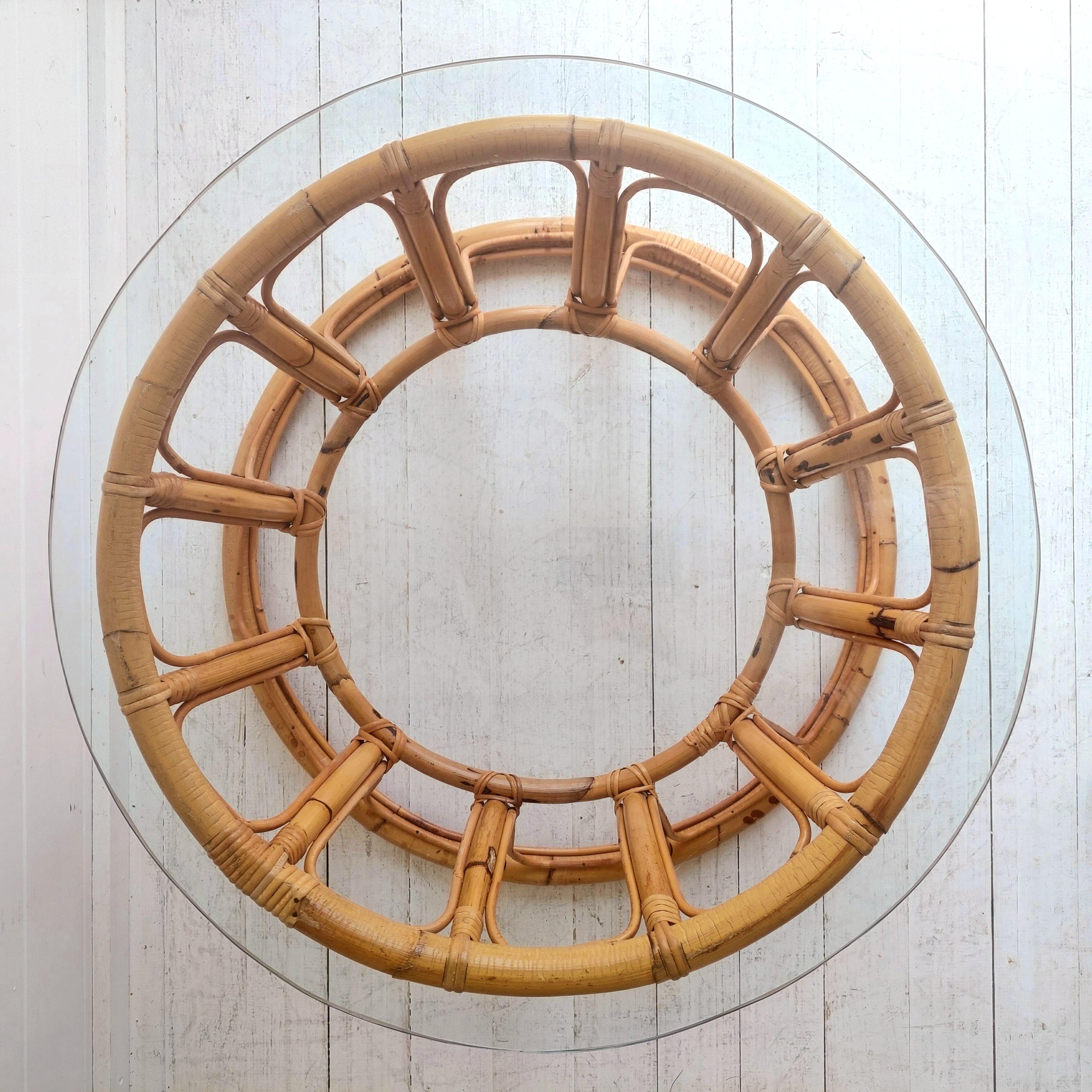 Mid Century Boho Round Bamboo Coffee Table With Glass Top  60s 70s For Sale 1