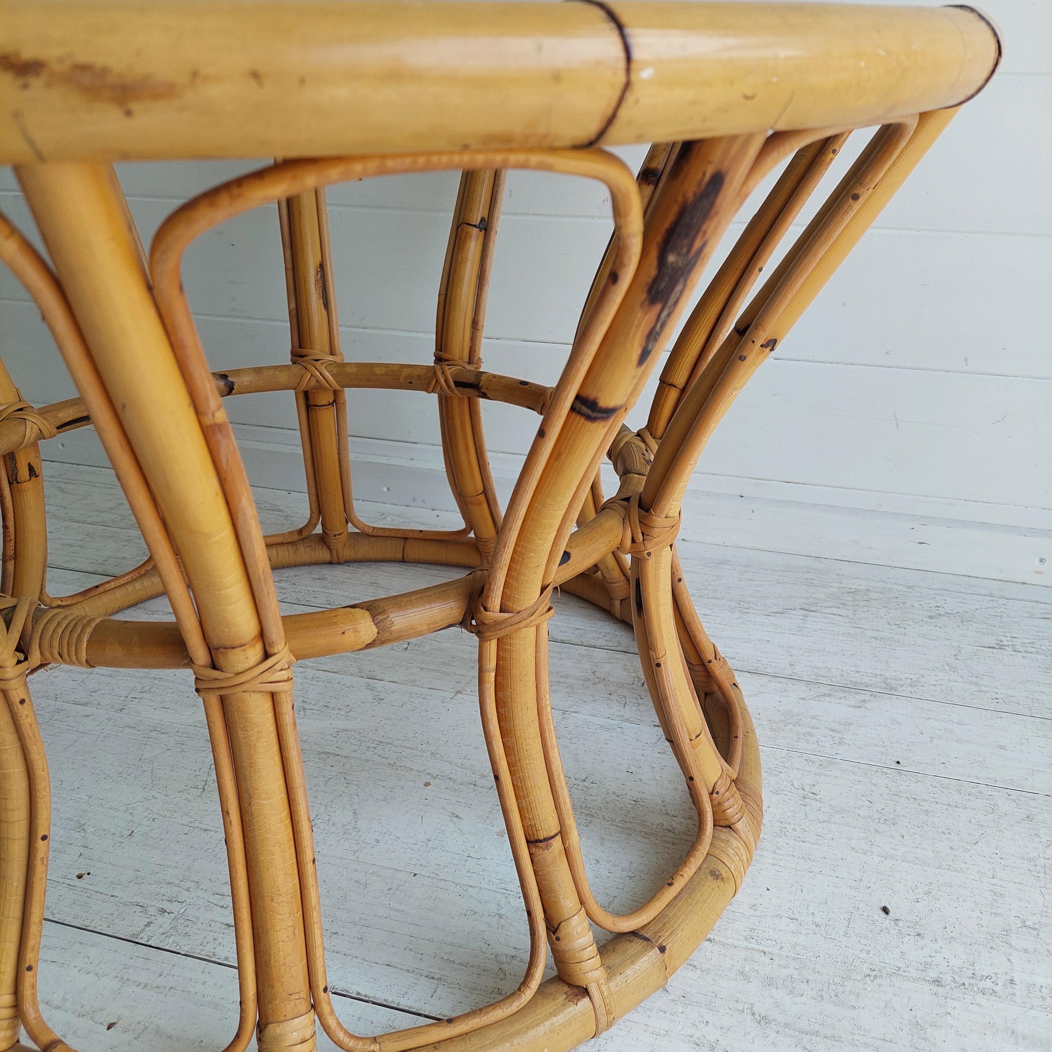 Mid Century Boho Round Bamboo Coffee Table With Glass Top  60s 70s For Sale 2