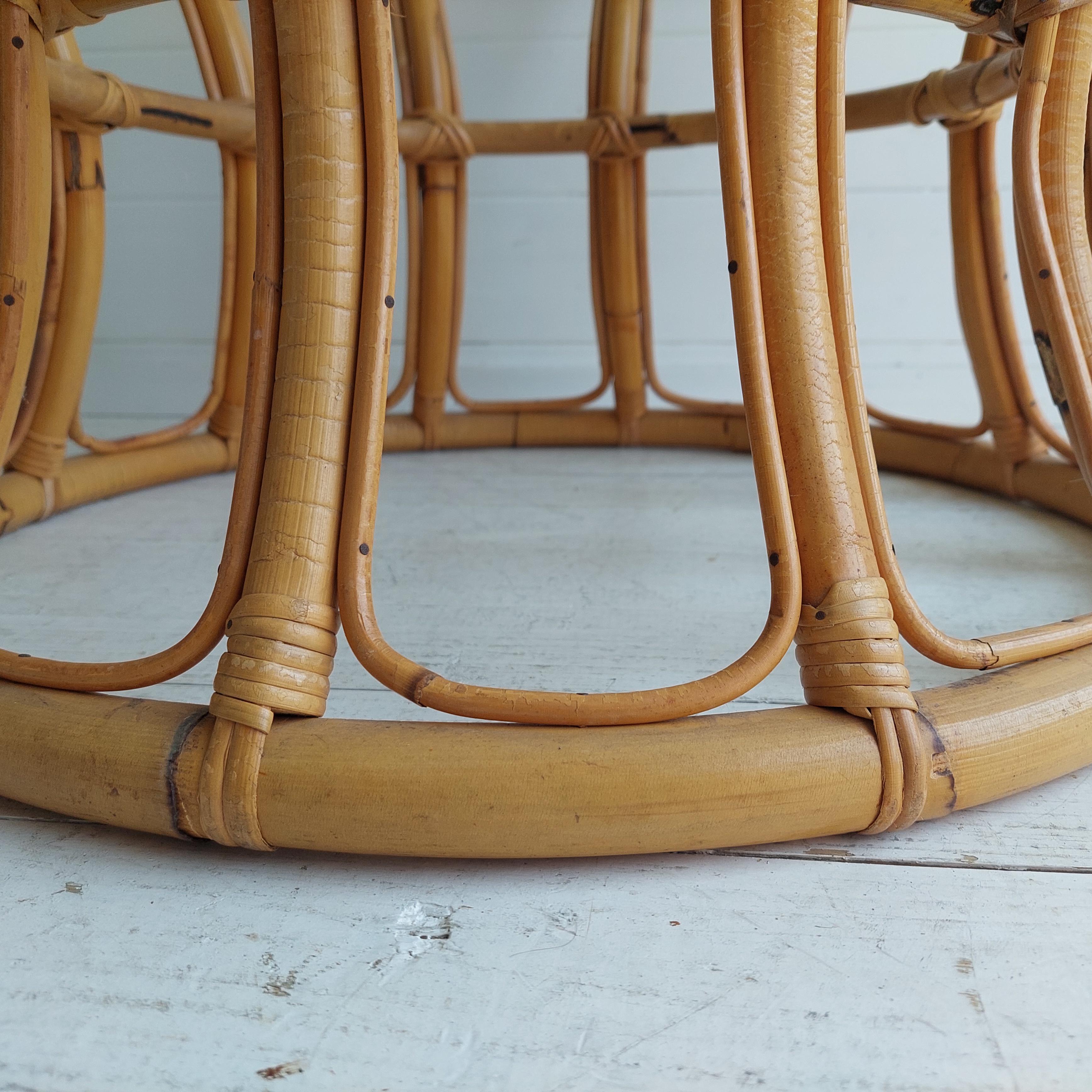 Mid Century Boho Round Bamboo Coffee Table With Glass Top  60s 70s For Sale 3