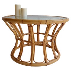 Vintage Mid Century Boho Round Bamboo Coffee Table With Glass Top  60s 70s
