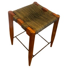 Mid Century Boho Solid Walnut Rope seat & Iron Foot Rest Hand Crafted Stool