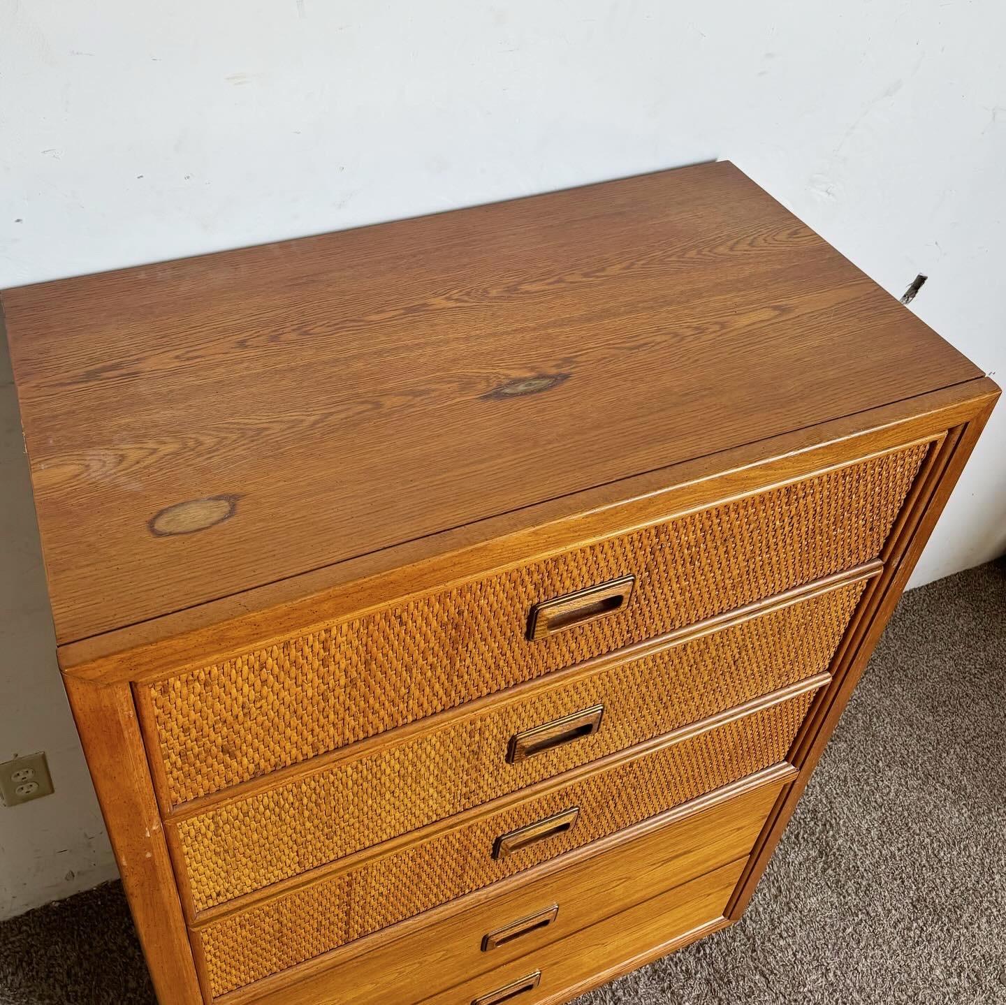 American Mid Century Boho Wicker and Wooden Highboy Dresser by Dixie Furniture For Sale