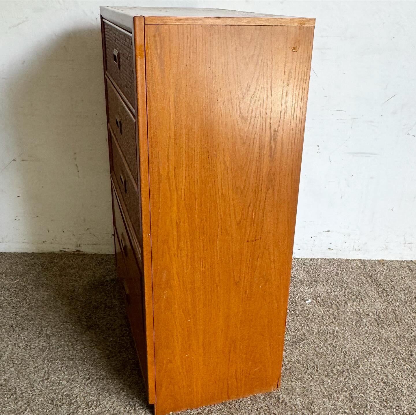 Mid Century Boho Wicker and Wooden Highboy Dresser by Dixie Furniture For Sale 1