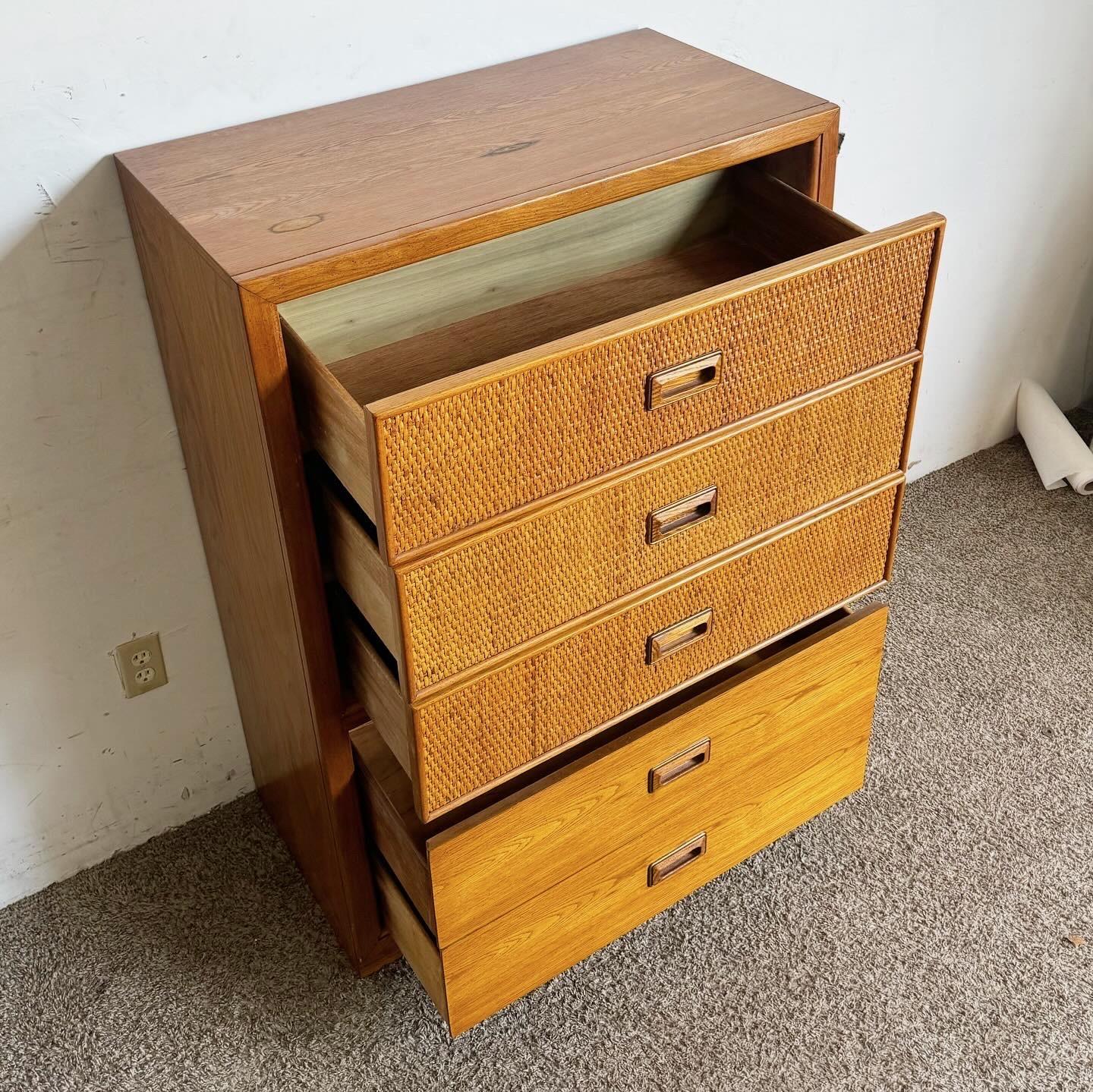 Mid Century Boho Wicker and Wooden Highboy Dresser by Dixie Furniture For Sale 3