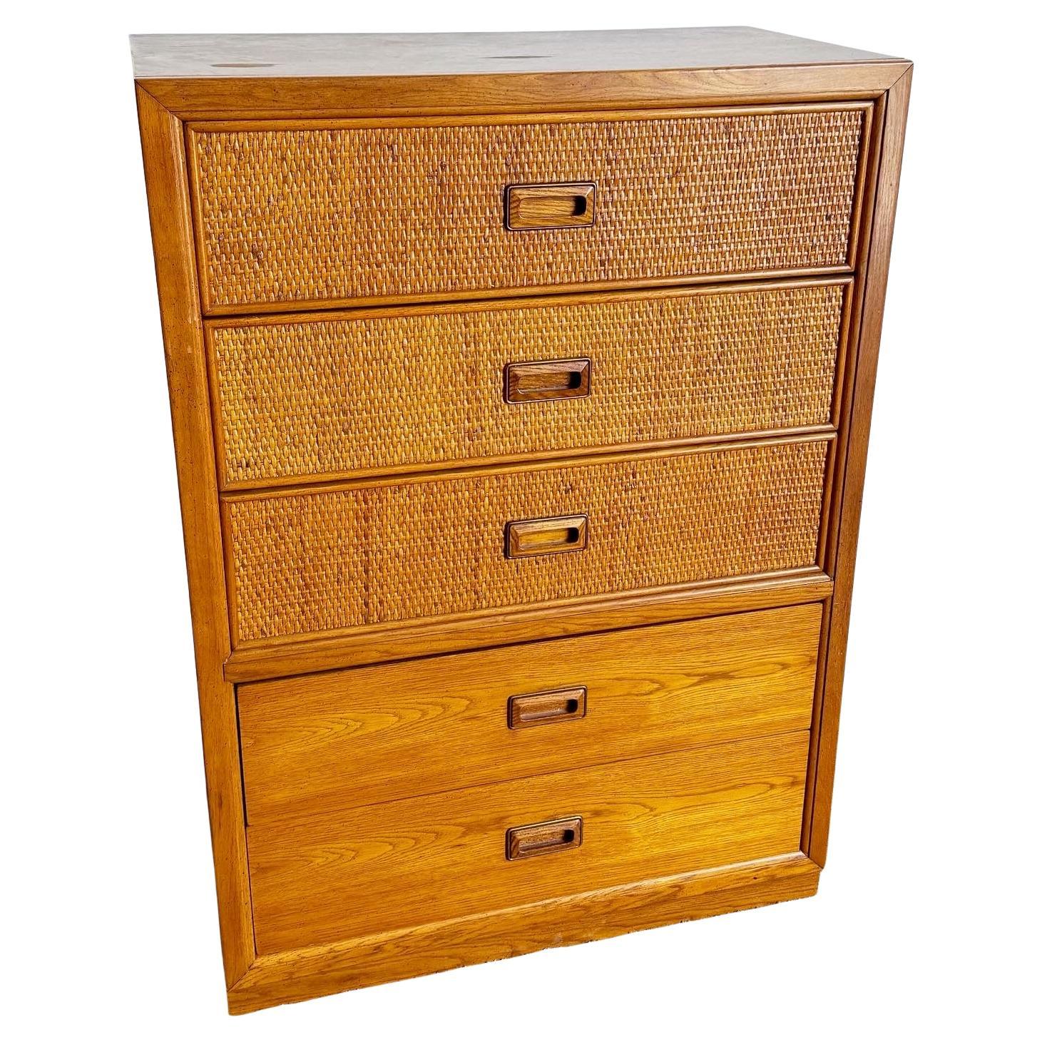 Mid Century Boho Wicker and Wooden Highboy Dresser by Dixie Furniture For Sale