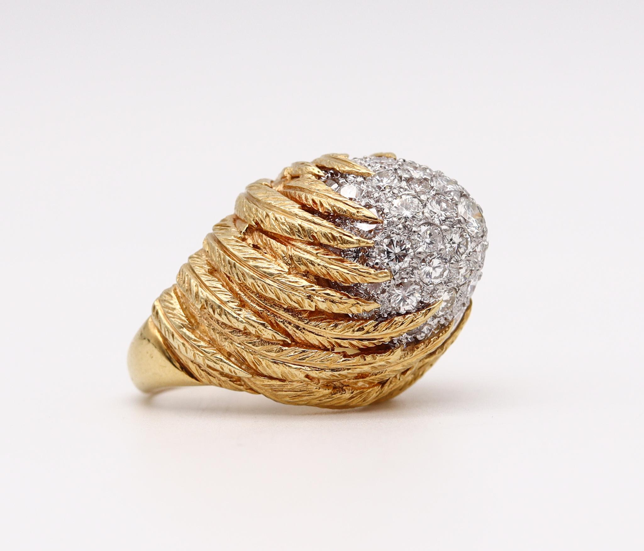 Modernist Mid Century Bombe Cocktail Ring in 18Kt Gold and Platinum with 4.42 Ctw Diamonds For Sale