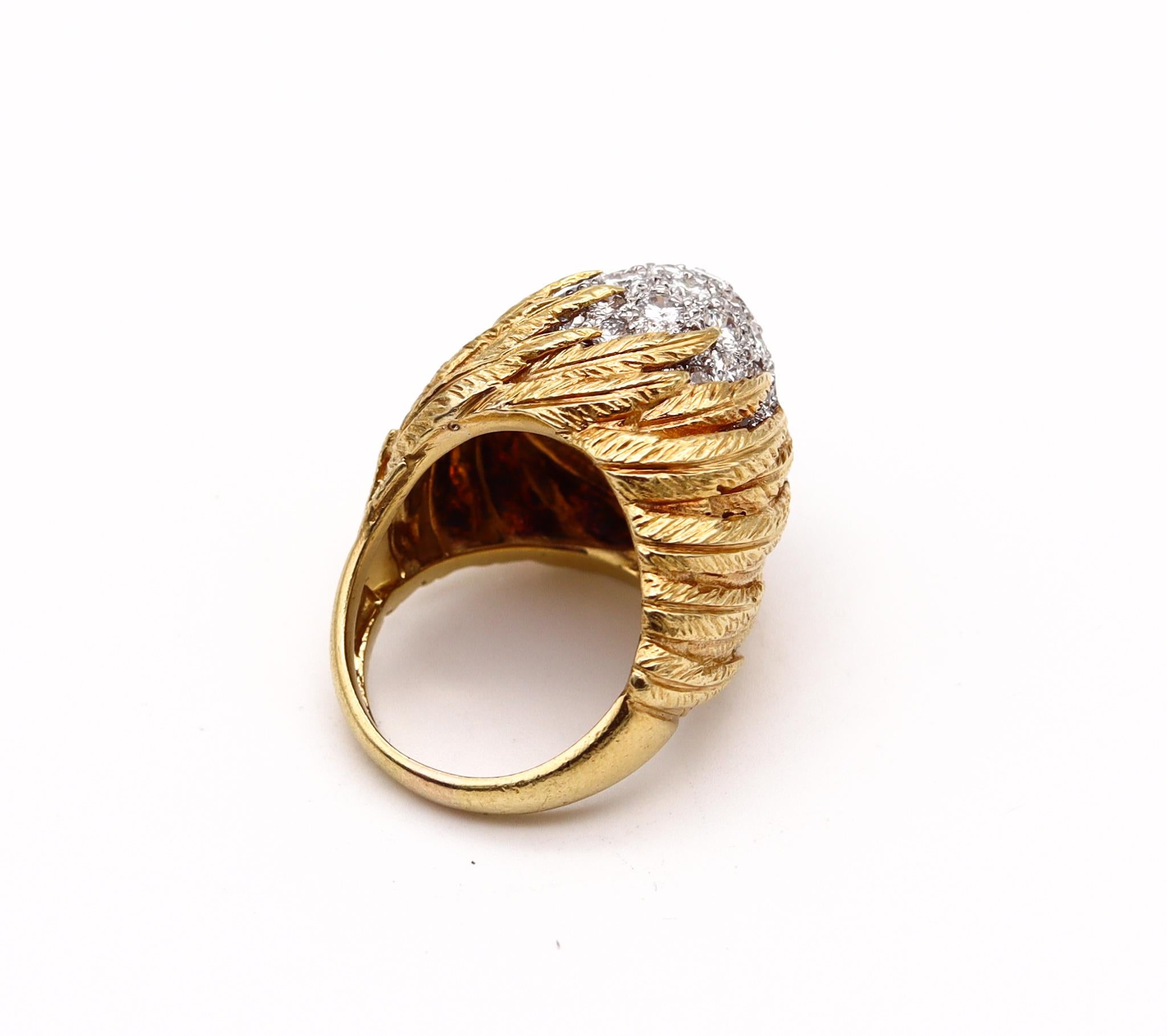 Brilliant Cut Mid Century Bombe Cocktail Ring in 18Kt Gold and Platinum with 4.42 Ctw Diamonds For Sale