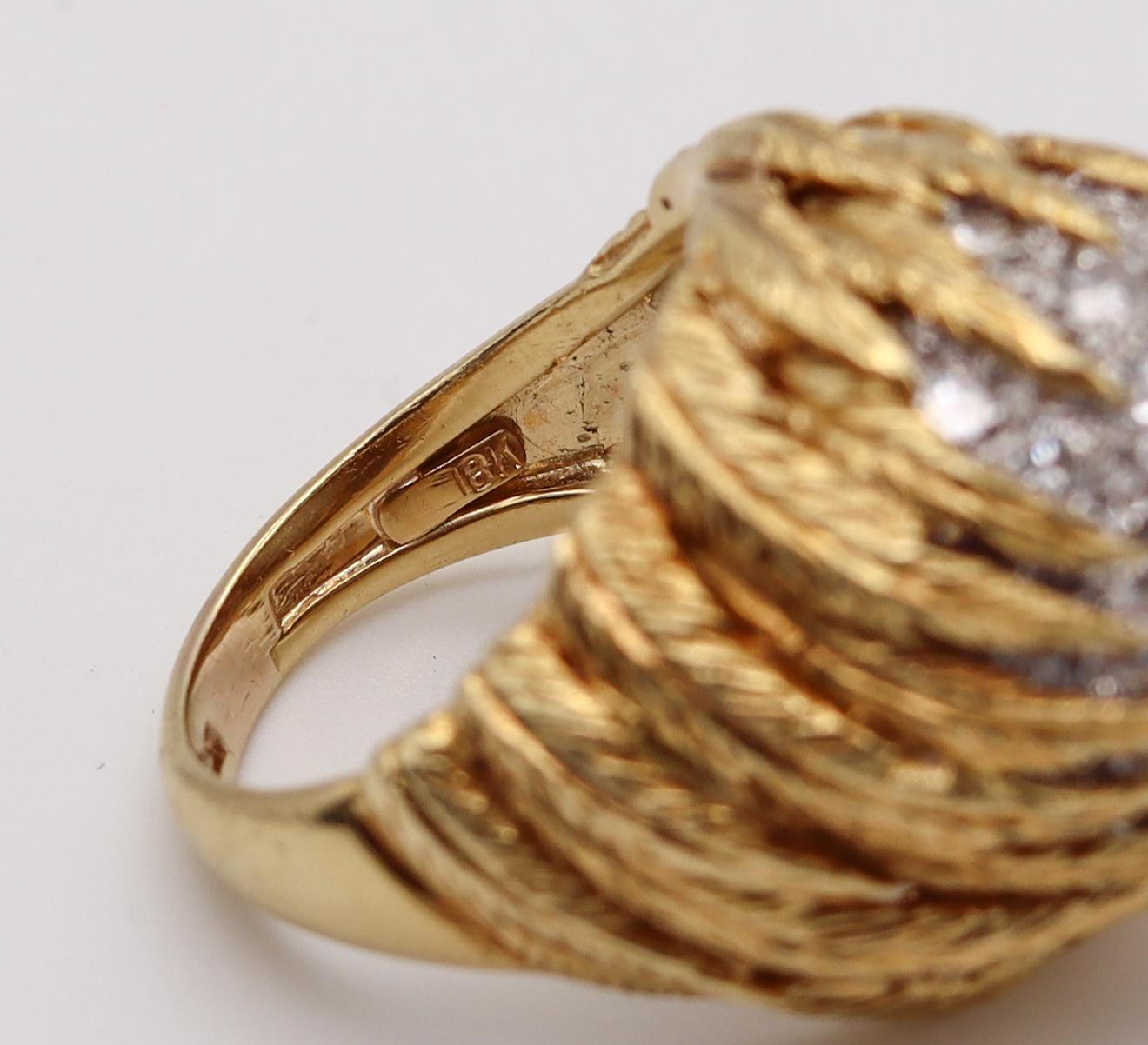 Mid Century Bombe Cocktail Ring in 18Kt Gold and Platinum with 4.42 Ctw Diamonds In Excellent Condition For Sale In Miami, FL