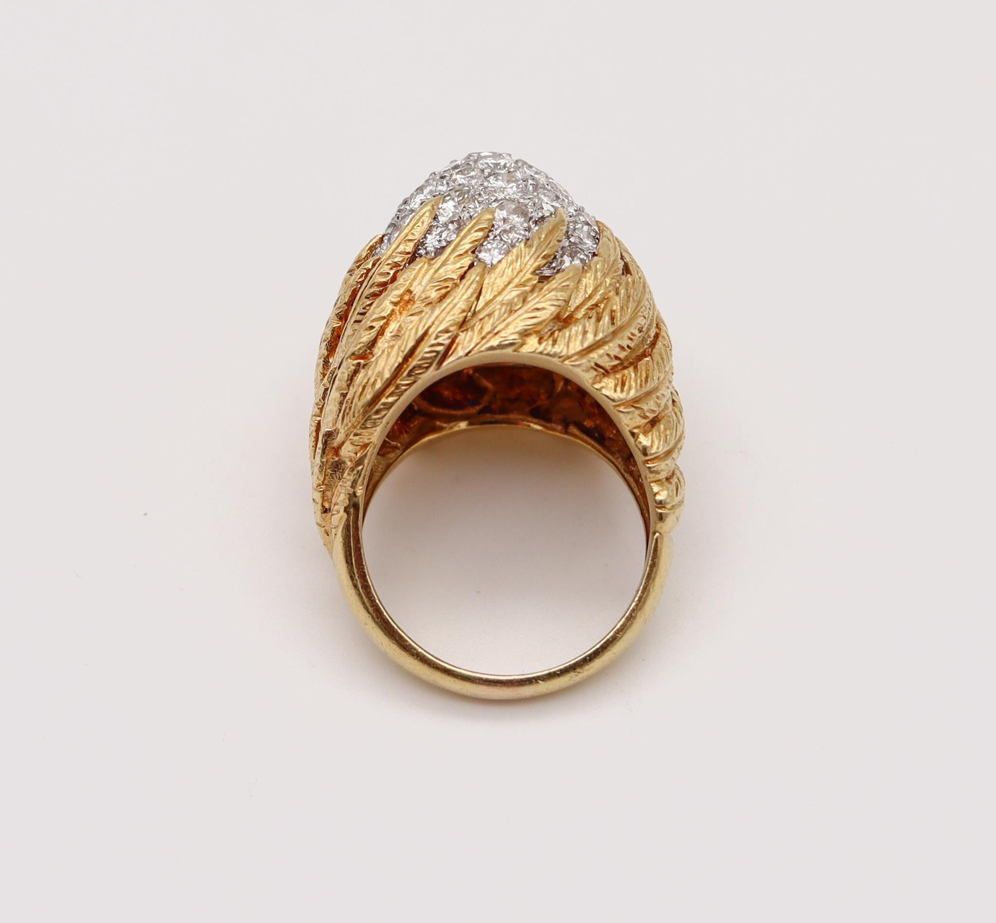 Women's Mid Century Bombe Cocktail Ring in 18Kt Gold and Platinum with 4.42 Ctw Diamonds For Sale