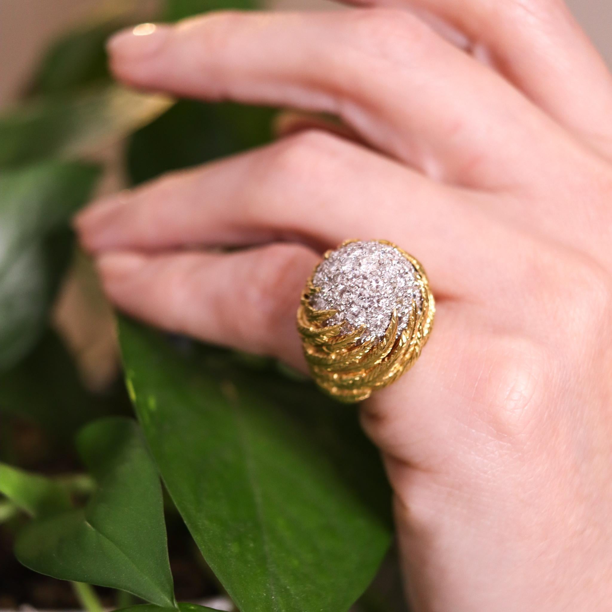 Mid Century Bombe Cocktail Ring in 18Kt Gold and Platinum with 4.42 Ctw Diamonds For Sale 1