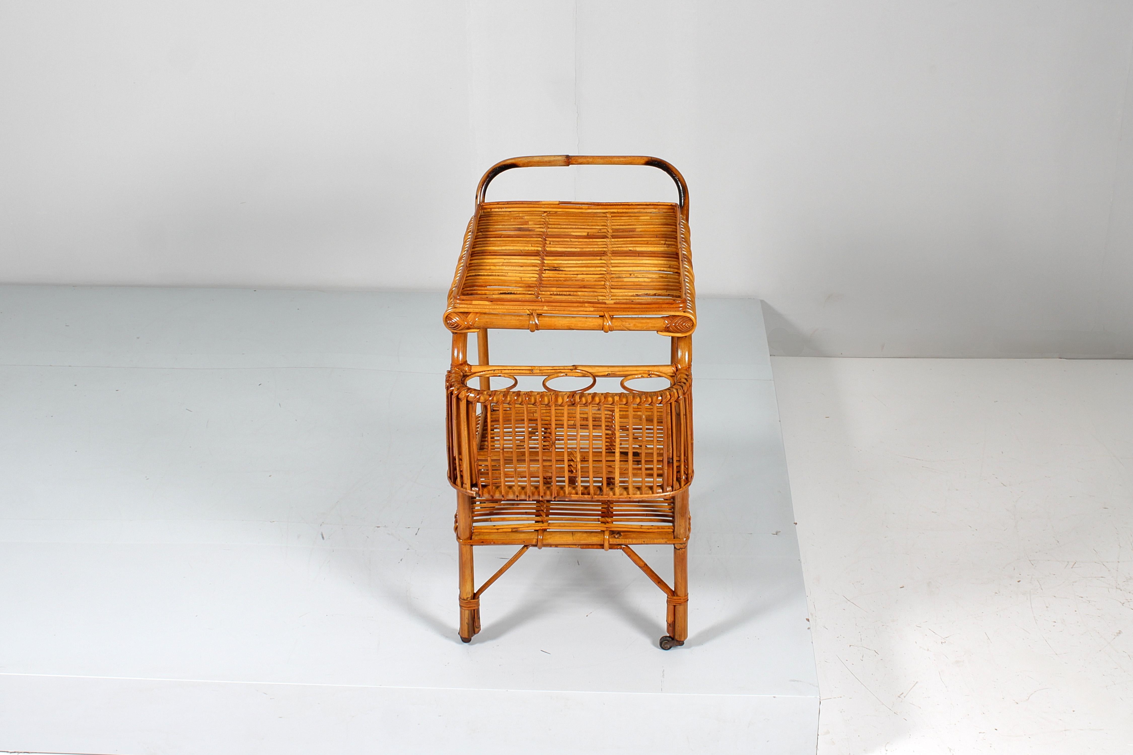 Mid-Century Modern Mid-Century Bonacina (attr) Bamboo and Rattan Bar Cart, Italy, 1960s For Sale