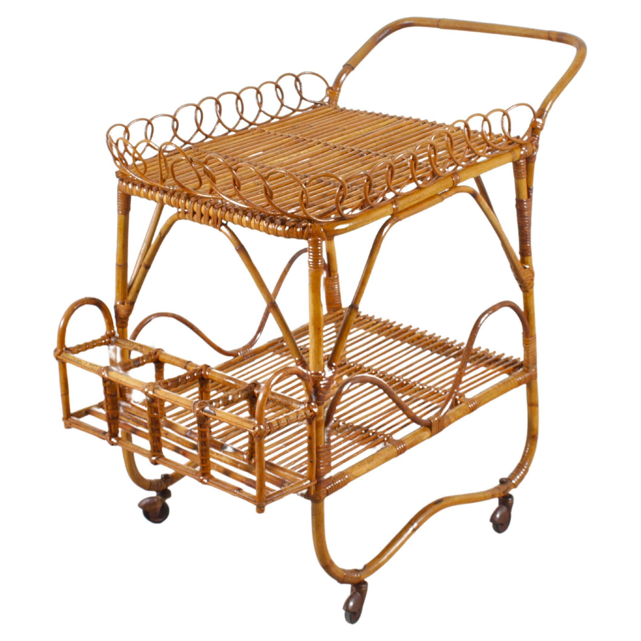 Mid-Century Bonacina (attr) Bamboo and Rattan Bar Cart, Italy, 1960s For Sale