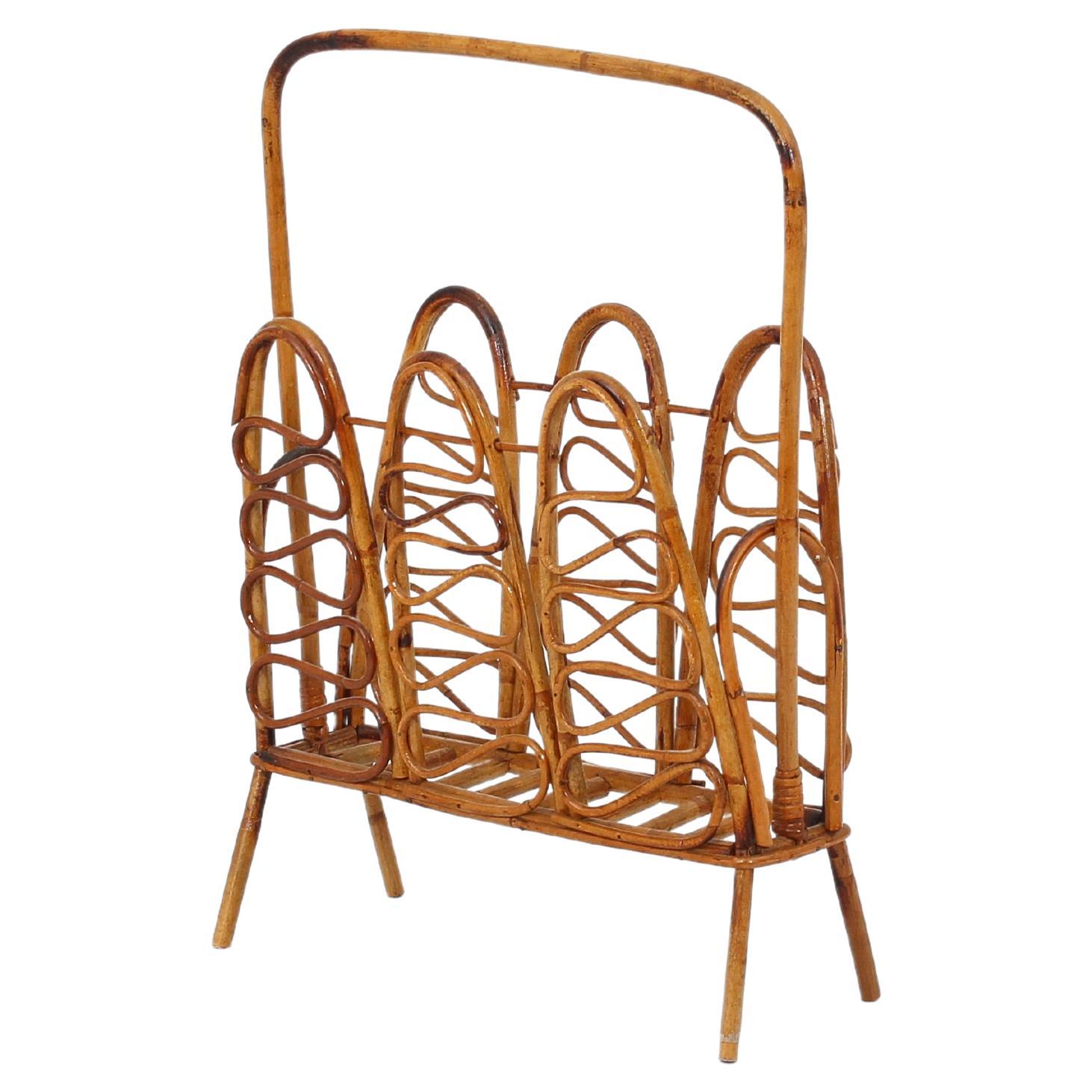 Midcentury Bonacina Bamboo and Wicker Magazine Rack, Italy 60s