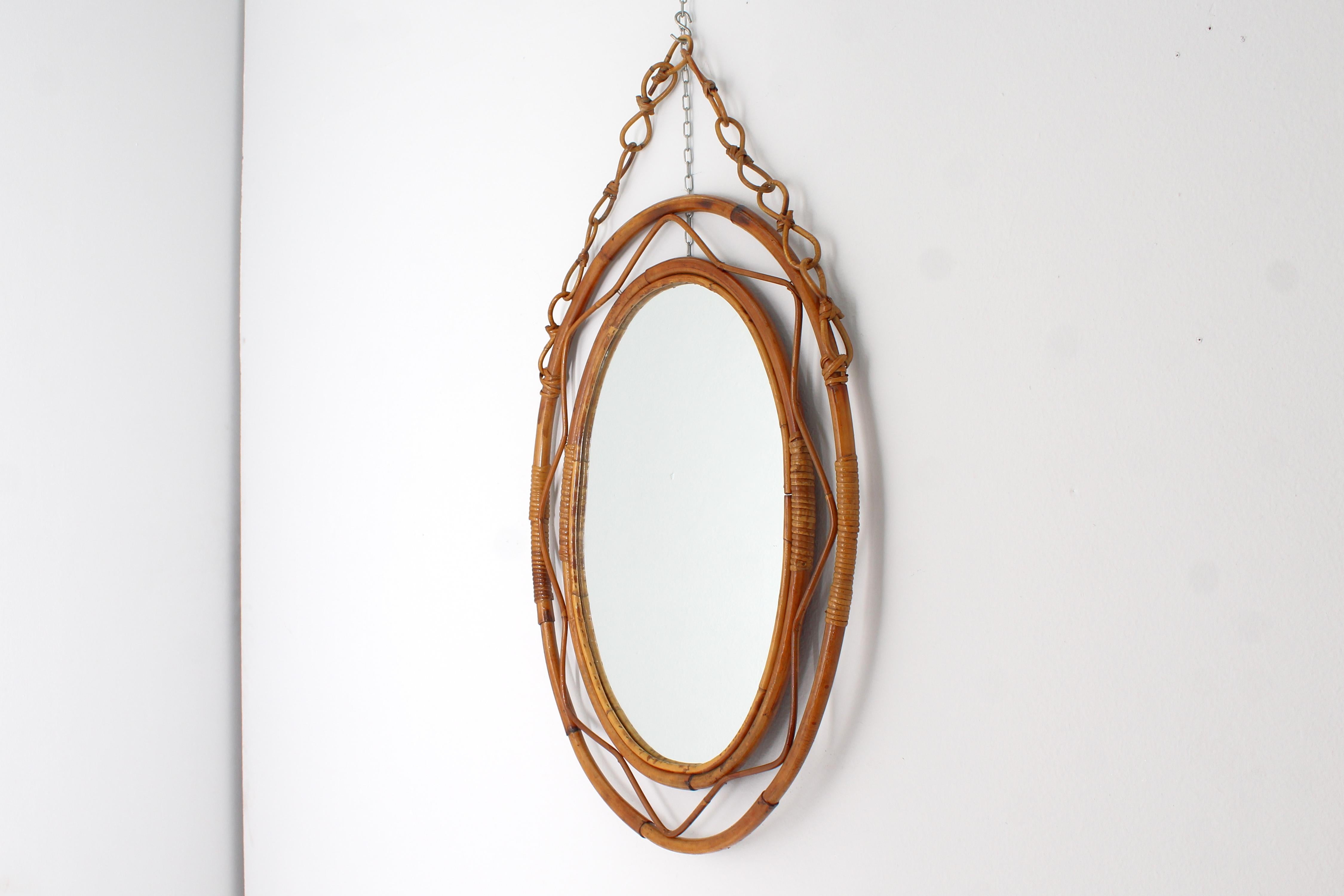 Midcentury Bonacina Oval Bamboo and Wicker Mirror, Italy, 1960s For Sale 2