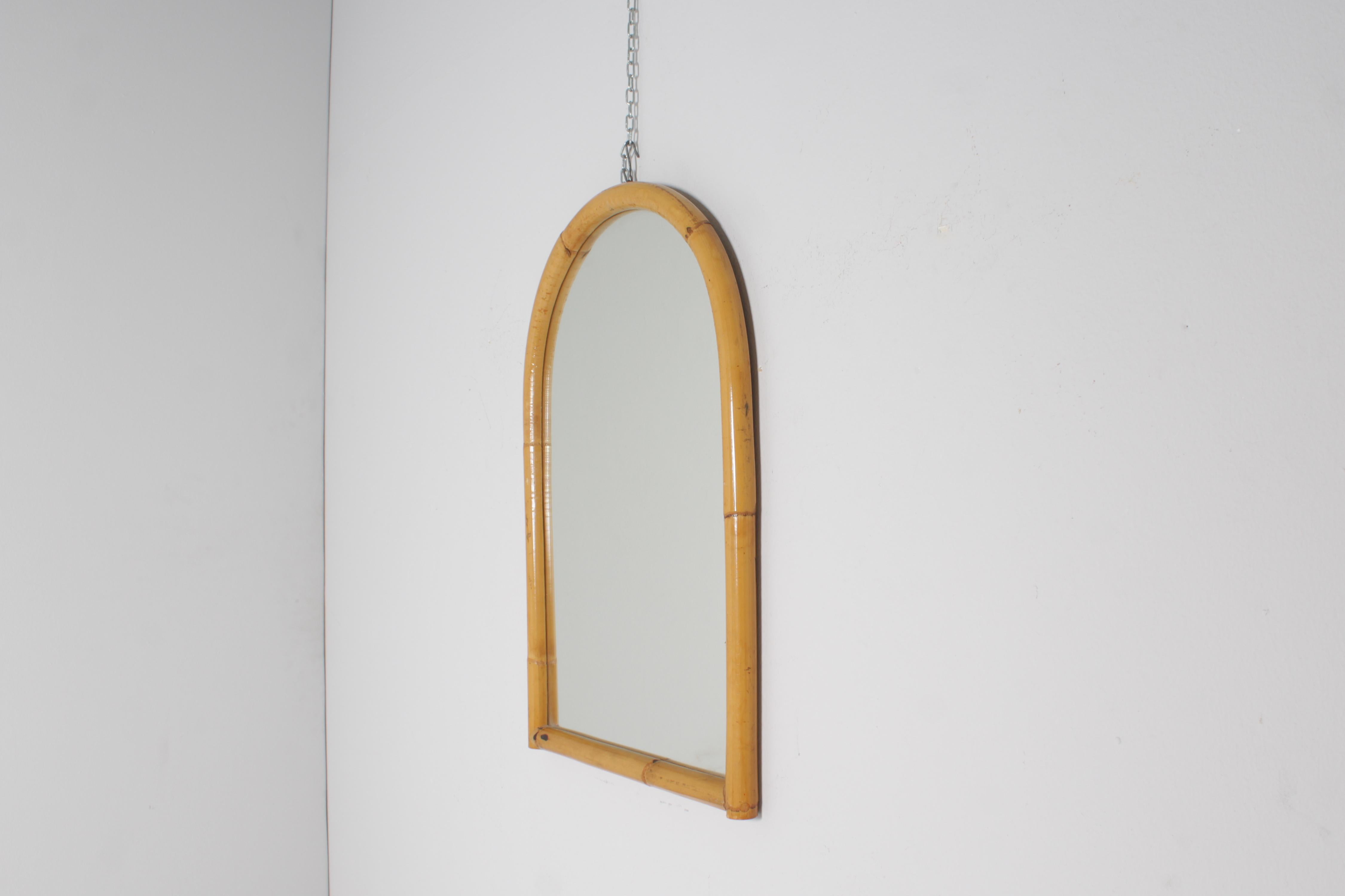 Mid-Century Bonacina Style Bamboo Cane Arched Wall Mirror, 60s Italy In Good Condition In Palermo, IT