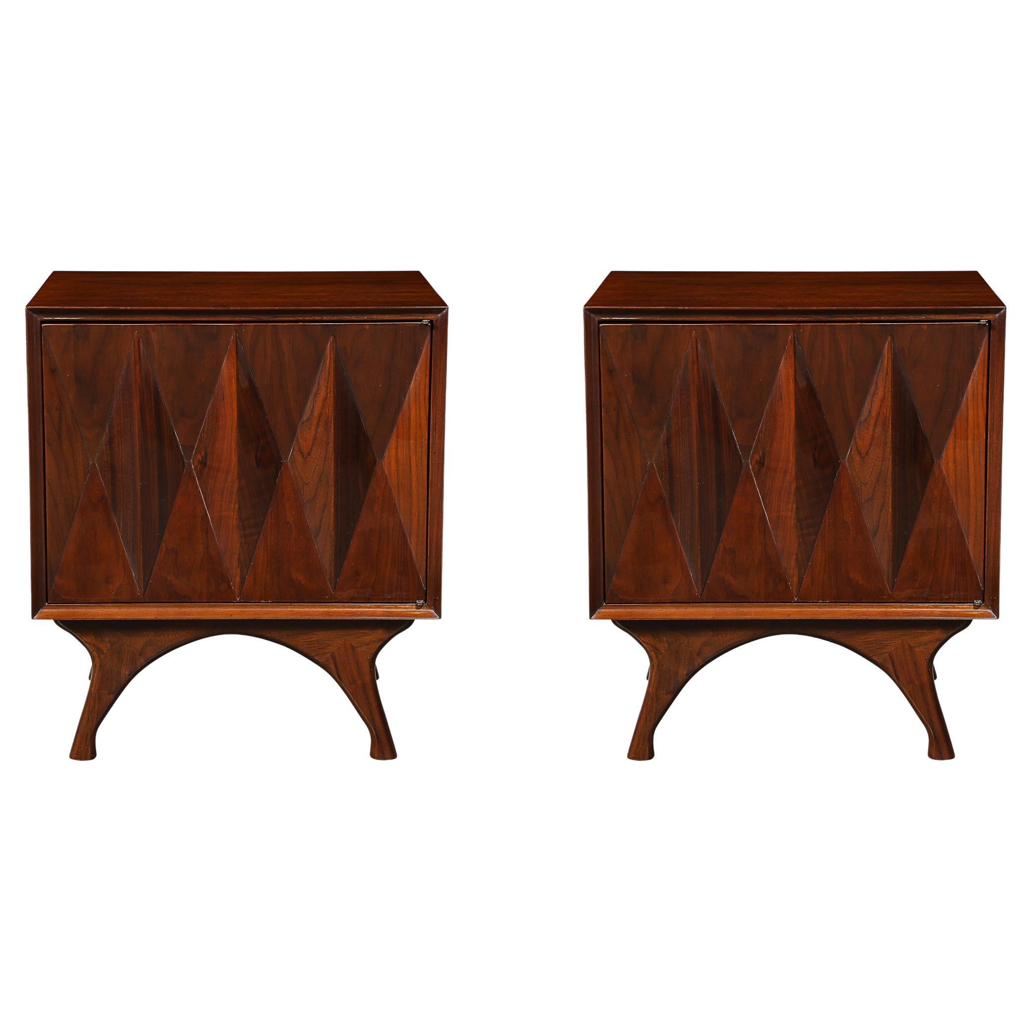 Mid-Century Book-Matched Walnut Diamond Front Nightstands by Albert Parvin