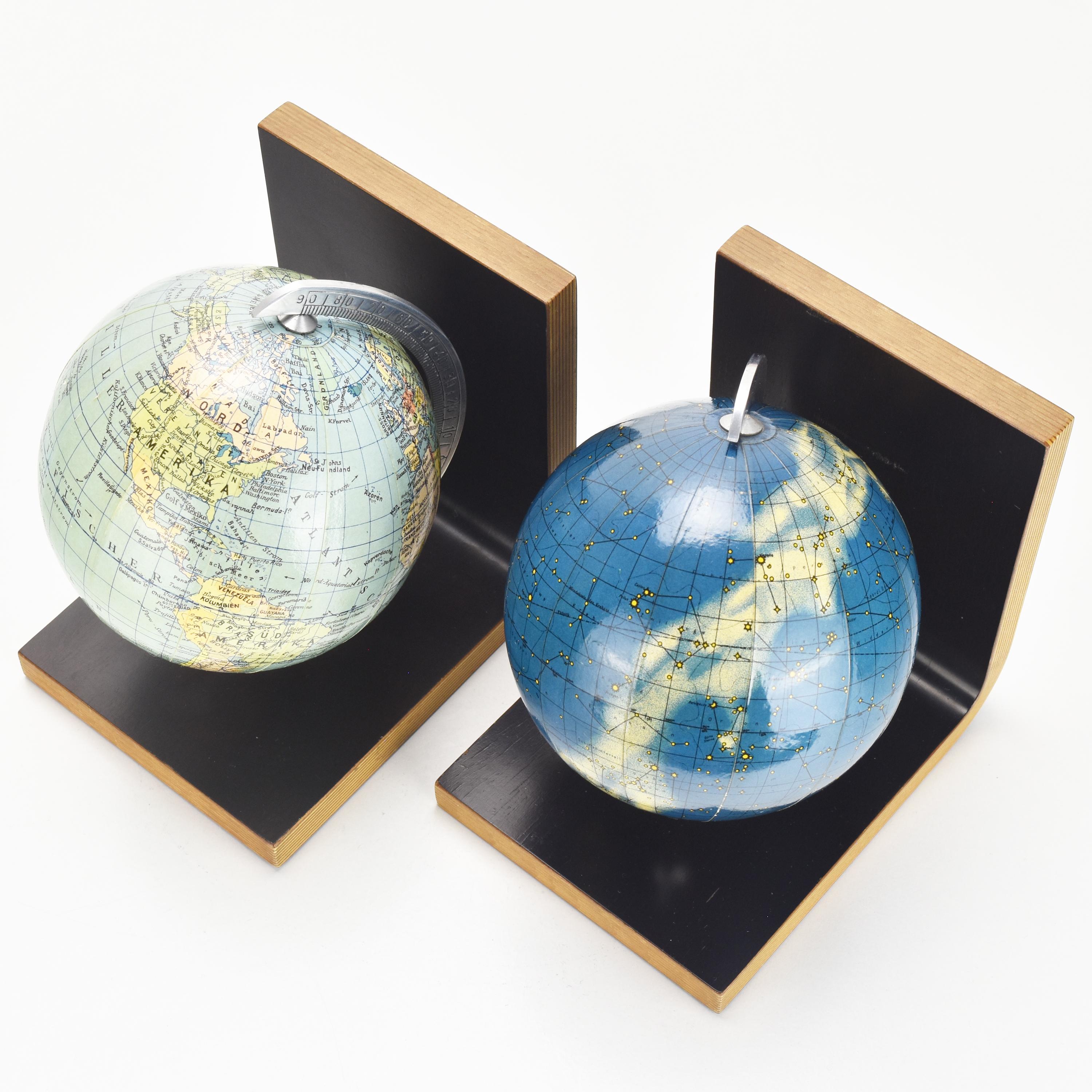Mid-Century Modern Mid Century Bookends Revolving World & Moon Globe