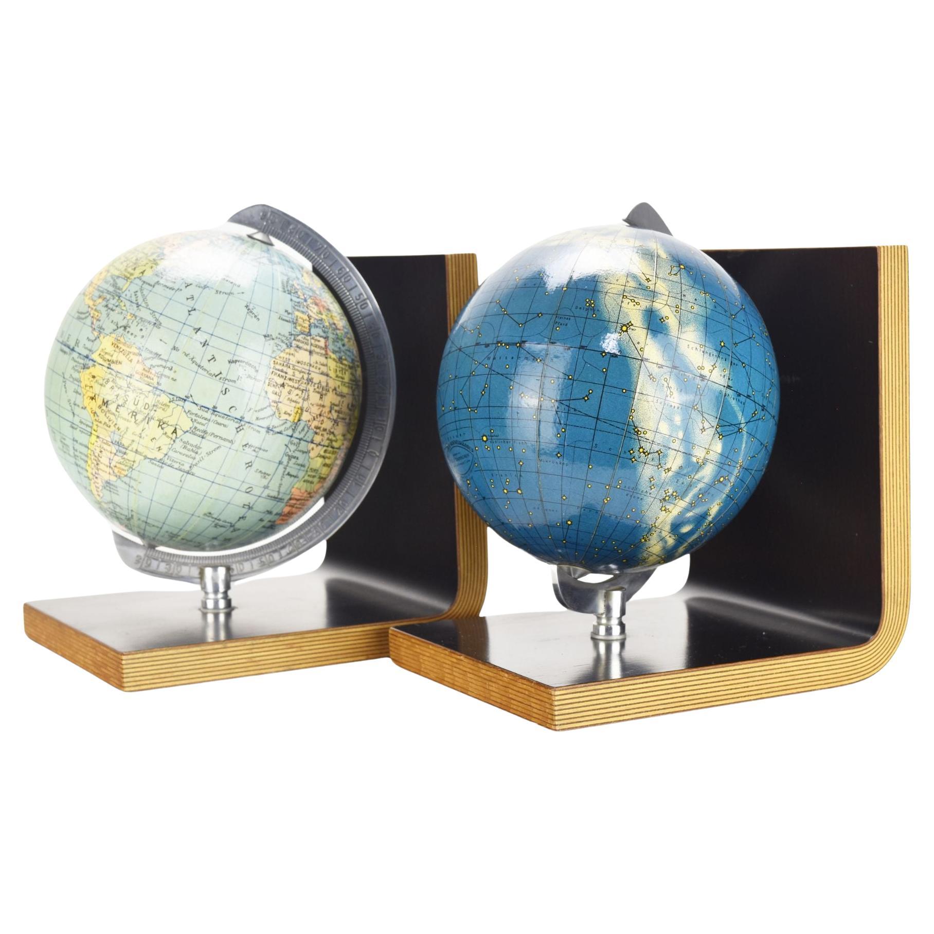 Mid Century Bookends Revolving World & Moon Globe For Sale