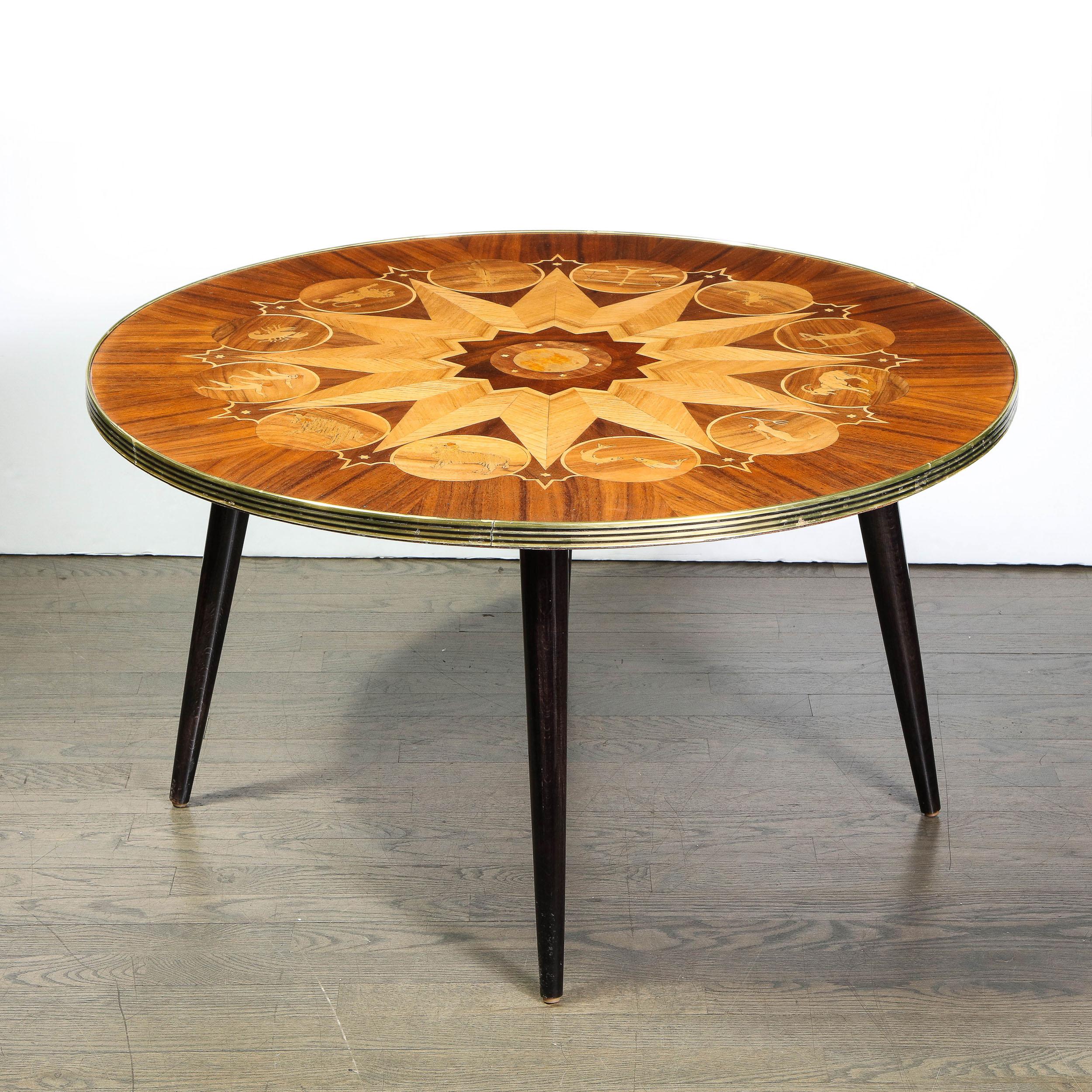 Mid-Century Modern Midcentury Bookmatched Walnut & Elm Cocktail Table with Zodiac Themed Marquetry