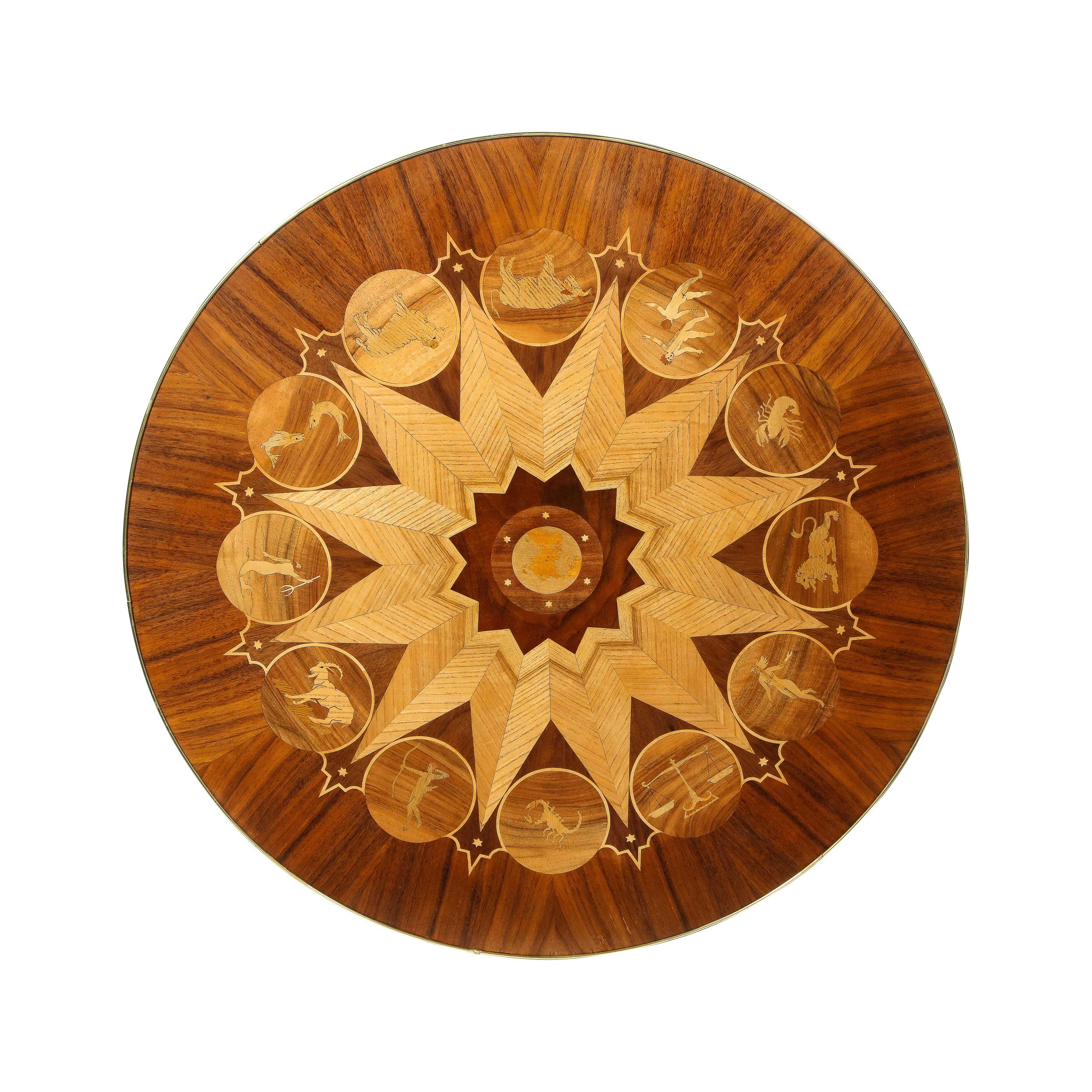 Italian Midcentury Bookmatched Walnut & Elm Cocktail Table with Zodiac Themed Marquetry