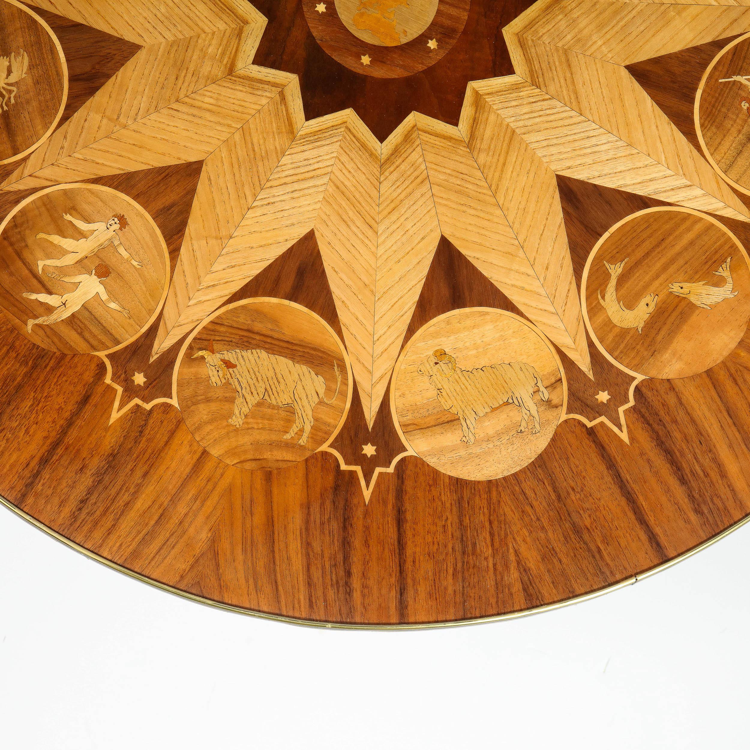 Mid-20th Century Midcentury Bookmatched Walnut & Elm Cocktail Table with Zodiac Themed Marquetry