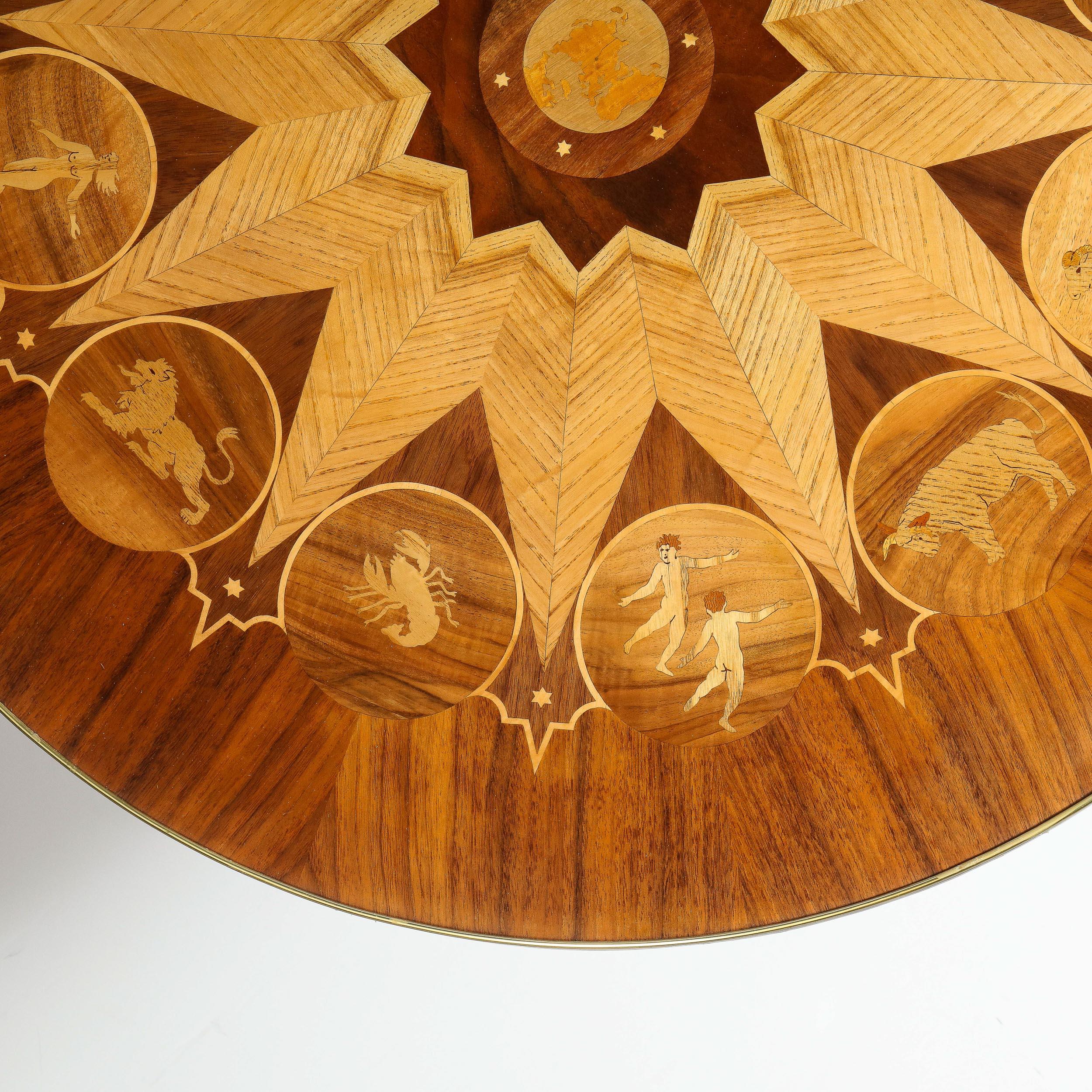 Brass Midcentury Bookmatched Walnut & Elm Cocktail Table with Zodiac Themed Marquetry