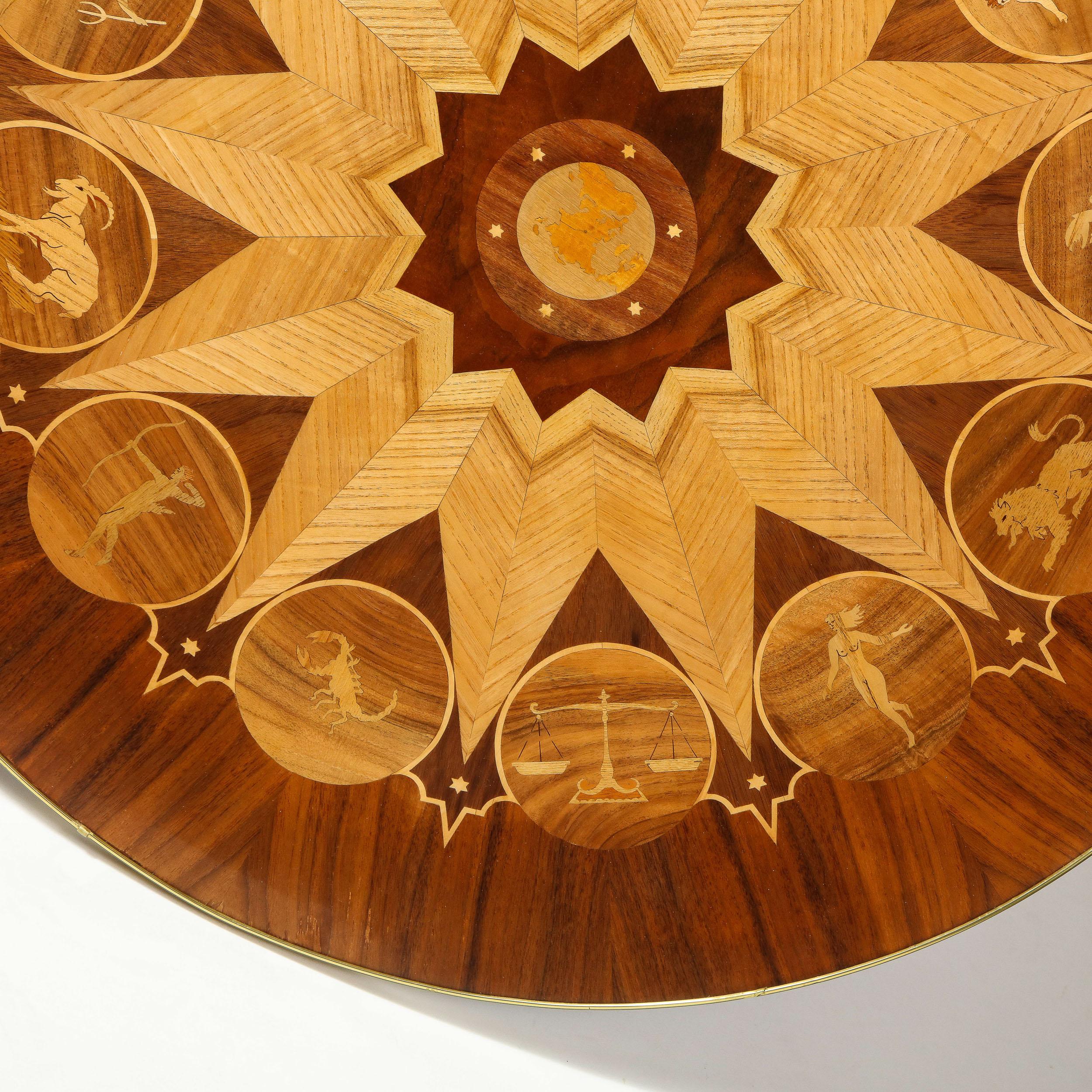 Midcentury Bookmatched Walnut & Elm Cocktail Table with Zodiac Themed Marquetry 1