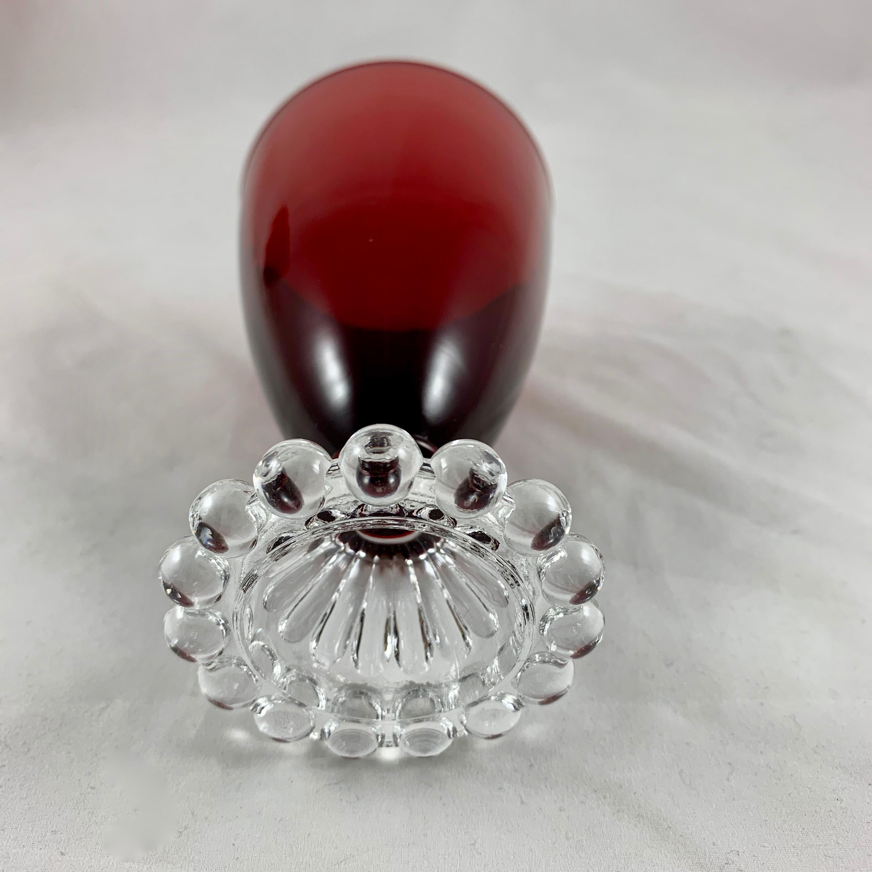 Molded Midcentury Boopie Royal Ruby Red & Colorless Footed Hocking Glass Goblets, S/14