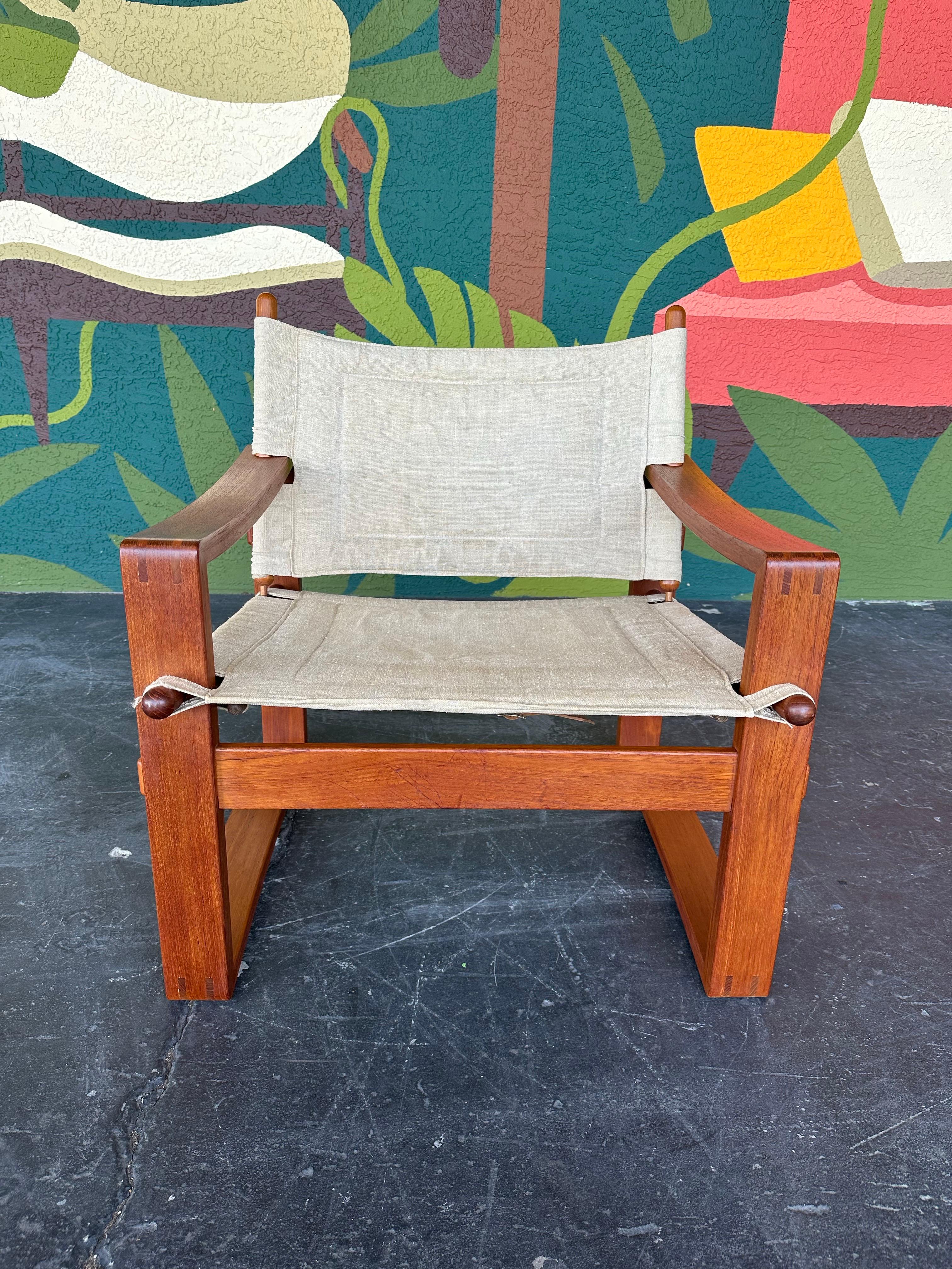 Oiled Mid Century Borge Jensen Danish Teak and Canvas Safari Chair