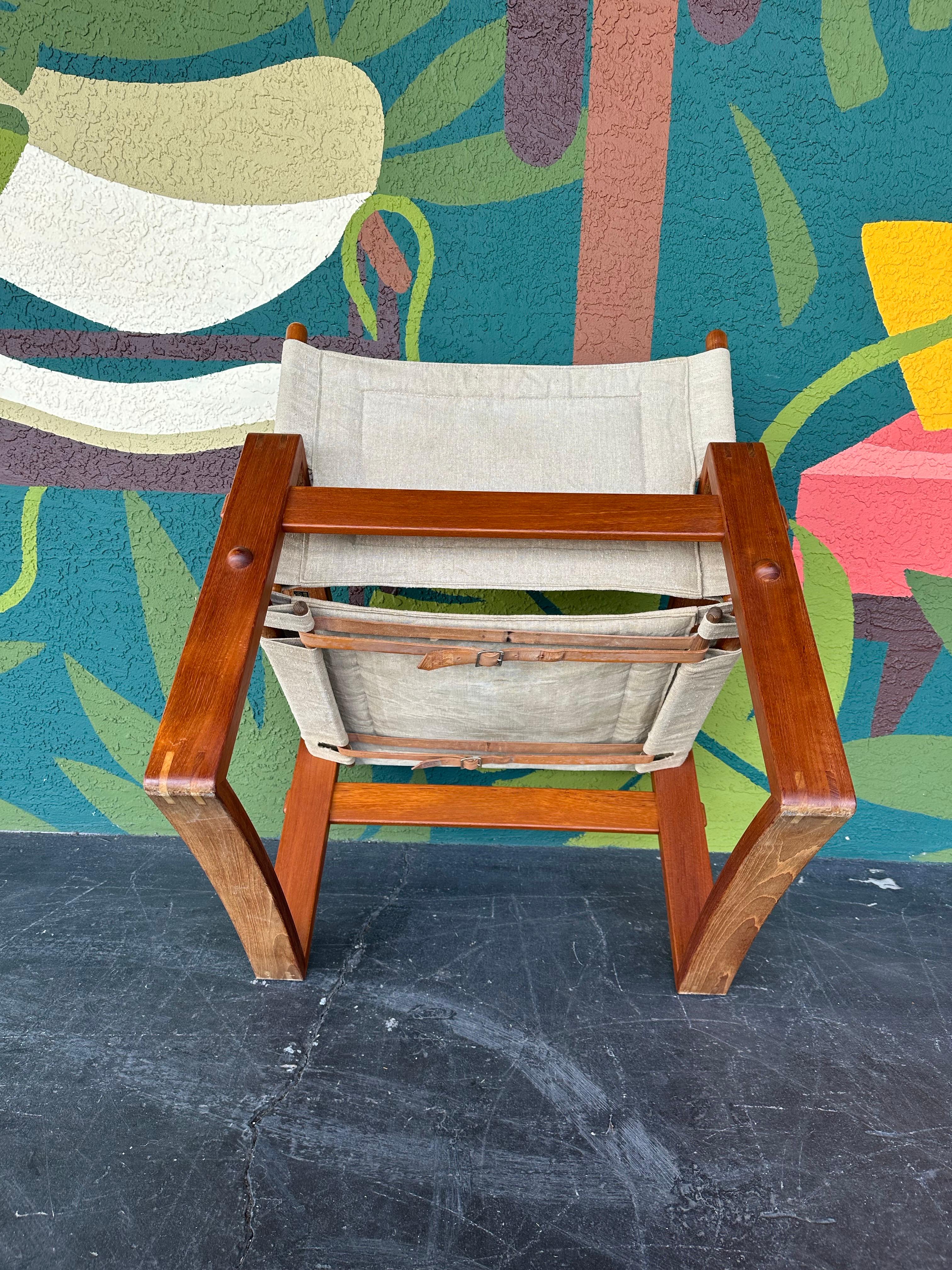 Leather Mid Century Borge Jensen Danish Teak and Canvas Safari Chair
