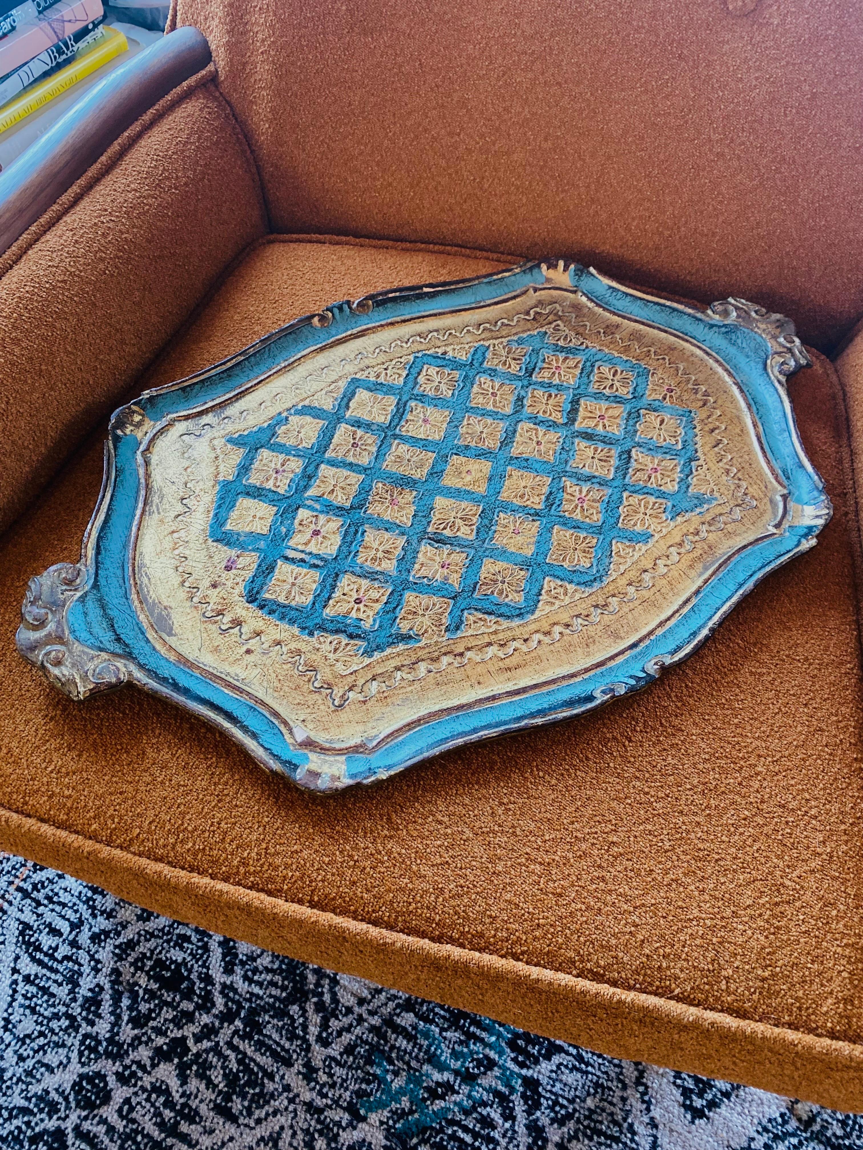 Hand-Crafted Mid Century Borghese Florentine Gilt Tray Made in Italy