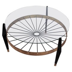 Midcentury Borsani Brass and Wood Round Coffee Table with Glass Top Italy, 1950s