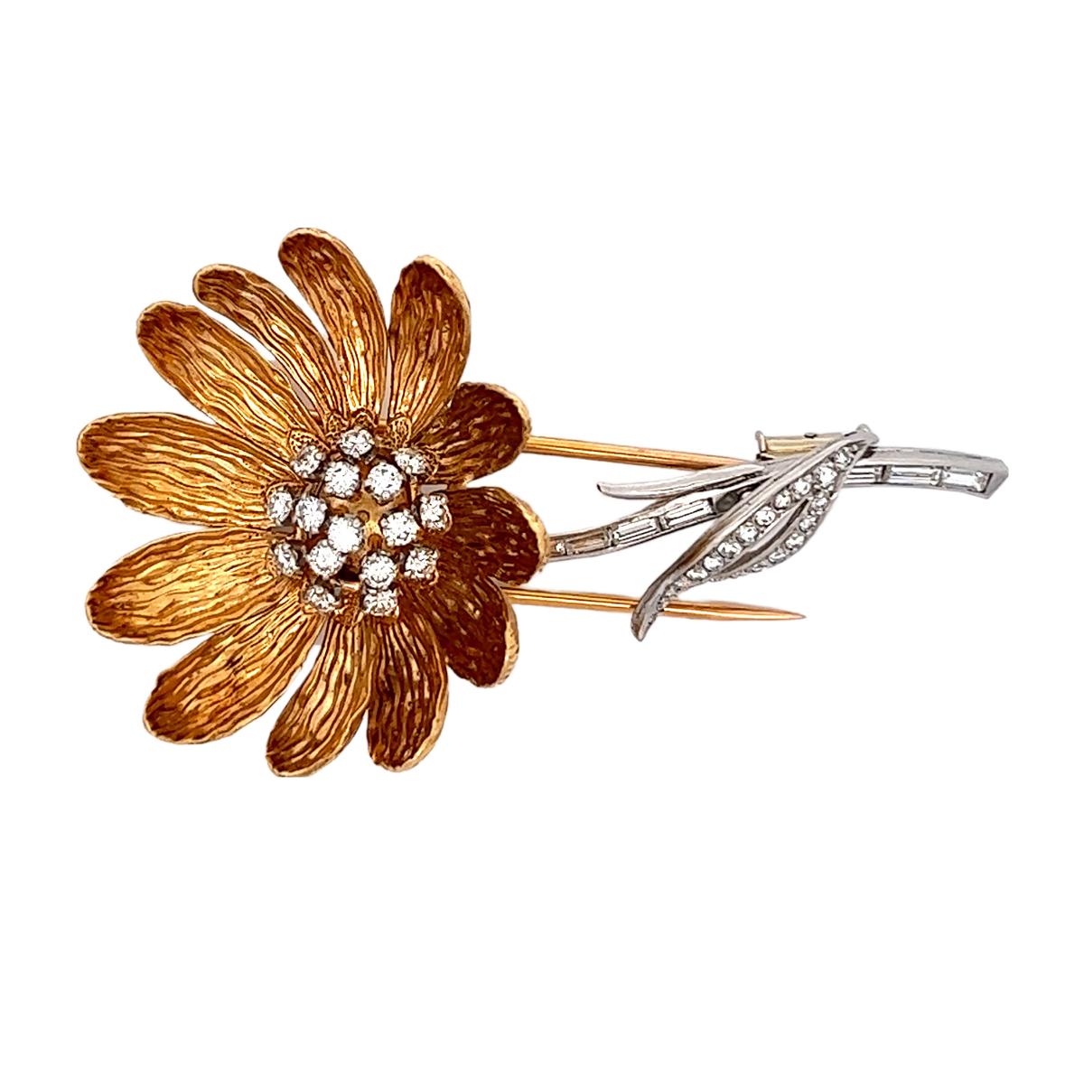 Women's or Men's Midcentury Boucheron Diamond 18k Yellow Gold Platinum Flower Brooch