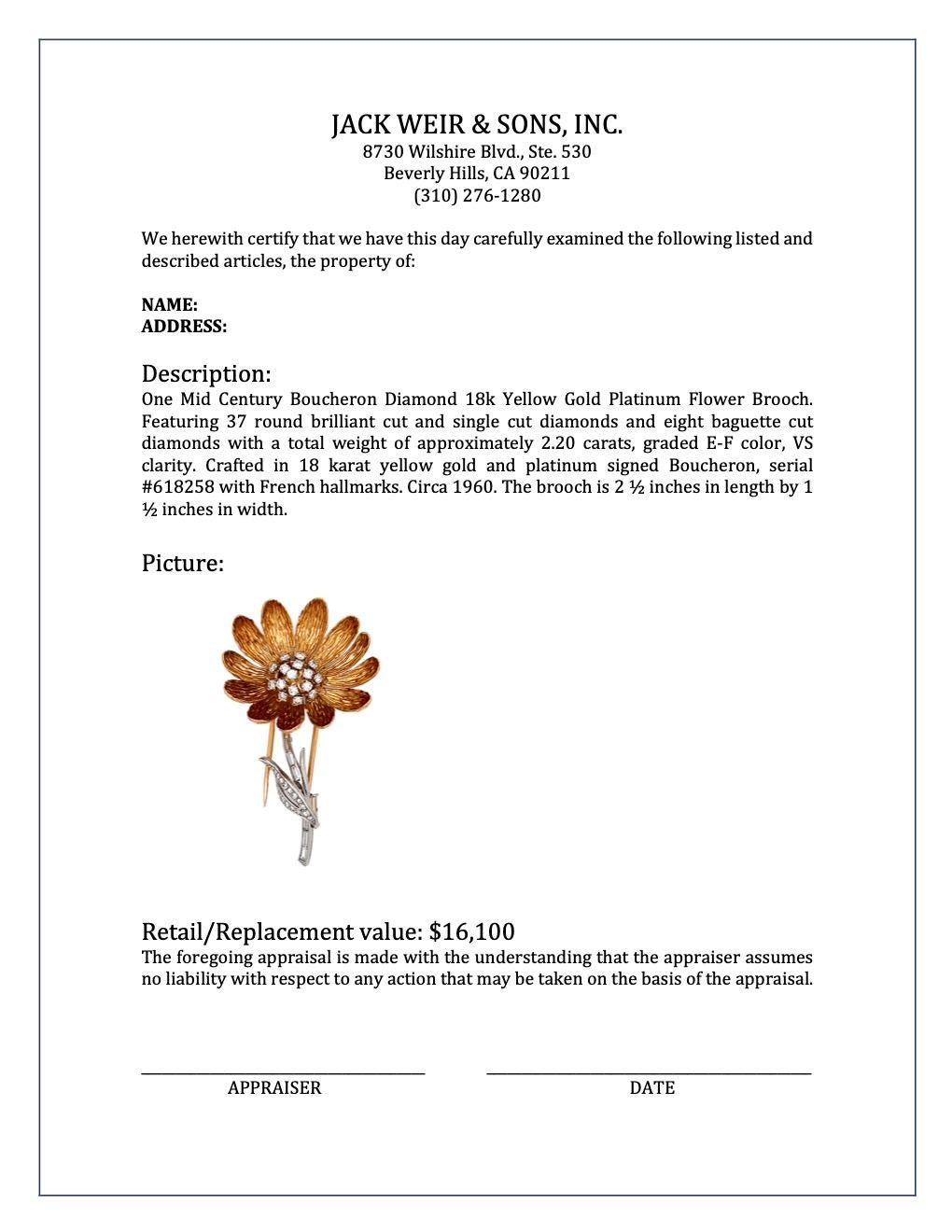 Midcentury Boucheron Diamond 18k Yellow Gold Platinum Flower Brooch 2
