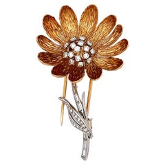 Midcentury Boucheron Diamond 18k Yellow Gold Platinum Flower Brooch