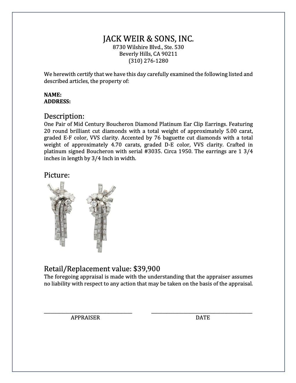Mid Century Boucheron Diamond Platinum Ear Clip Earrings 1