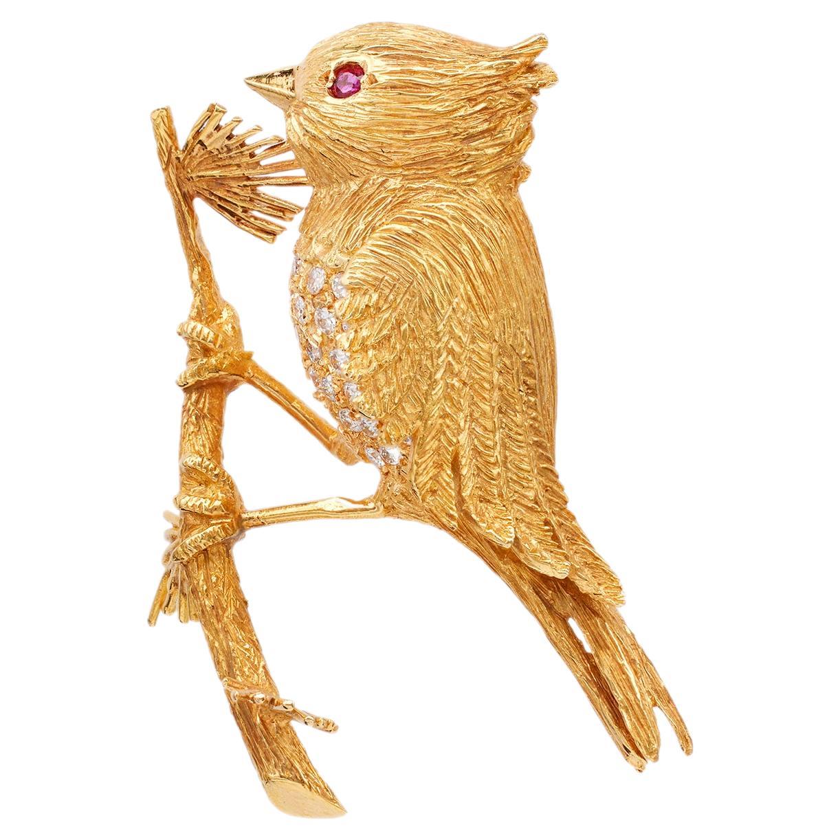 Mid-Century Boucheron French Diamond Ruby 18k Yellow Gold Bird Brooch For Sale